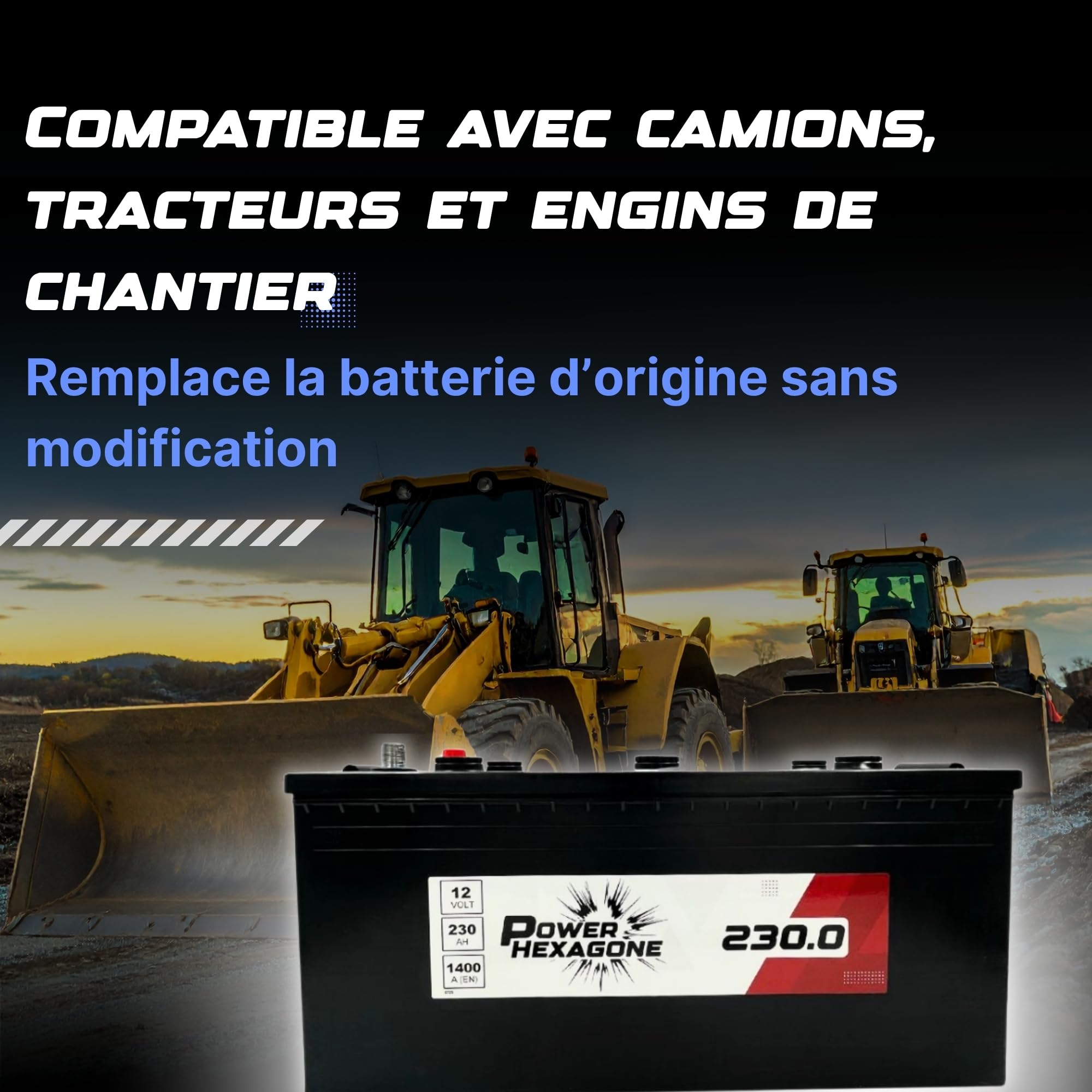 Batterie 12V 230Ah C - Démarrage 1400A - Batterie Poids Lourd Sans Entretien - Format C Compatible Camion, Engin, Tracteur, Chantier - Remplacement Origine - Power Hexagone