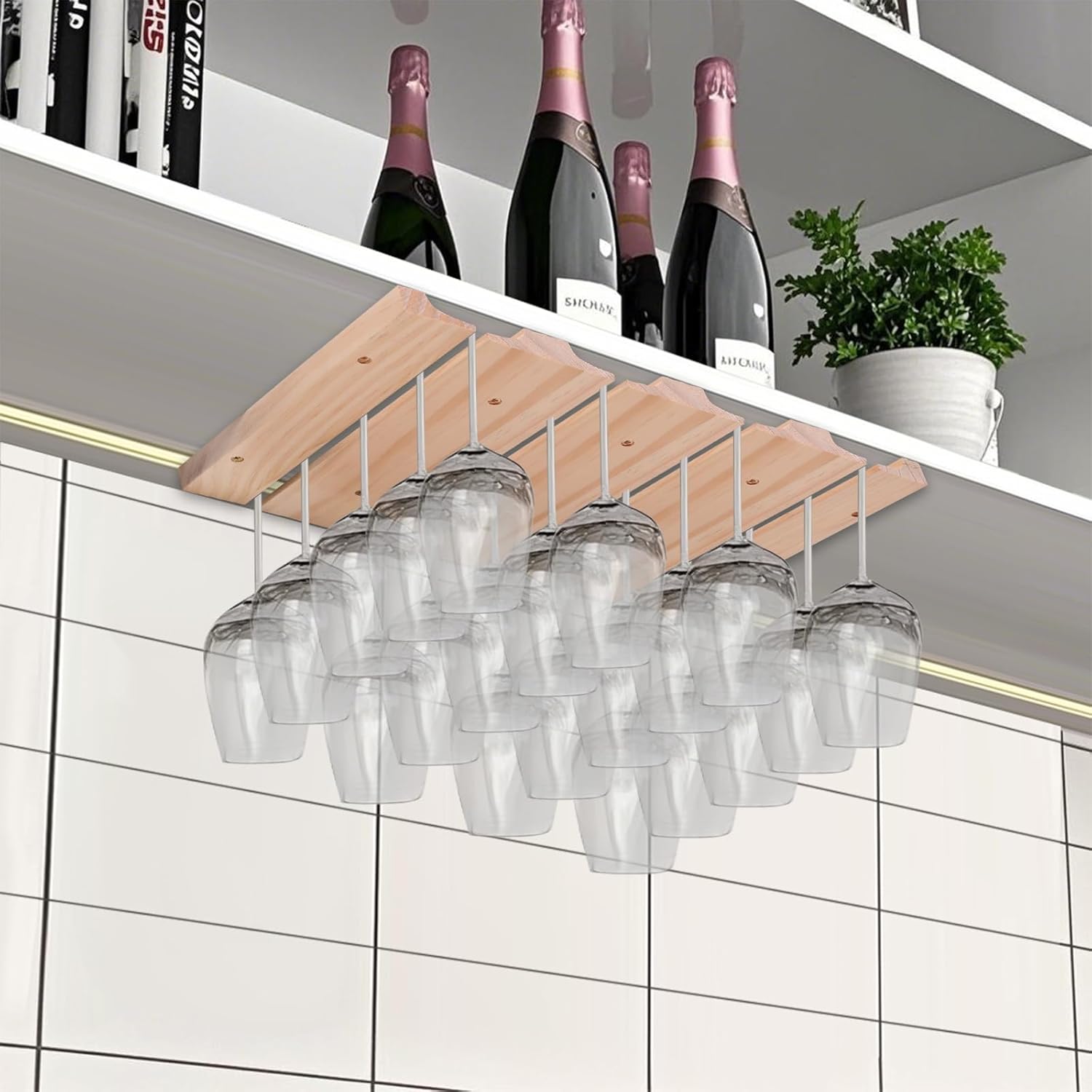 4-section adjustable wooden wine cup holder, wine utensil hanger, glass cup, bar storage rack installed under cabinets or countertops -12 wine cup storage cabinets (natural color)