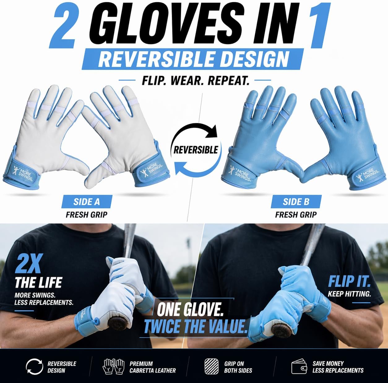 Batting Gloves- Reversible, Double-Sided for 2X Lifespan, Built for Practice