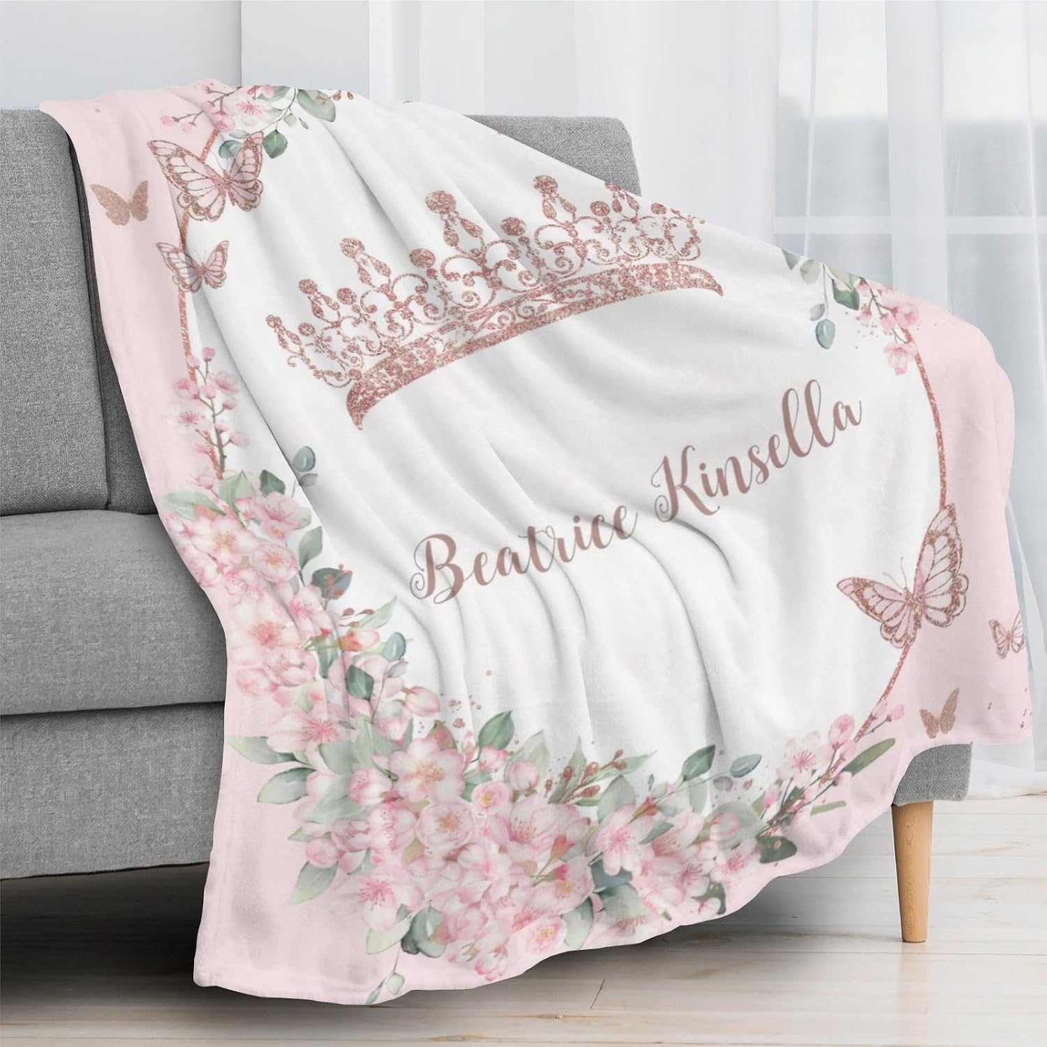 Seamaid Personalized Name Blanket for Girls Custom Baby Blanket Customized Blanket Customizable Blanket Custom Princess Crown Blanket for Girls - Pink Butterfly Corolla 50x60in