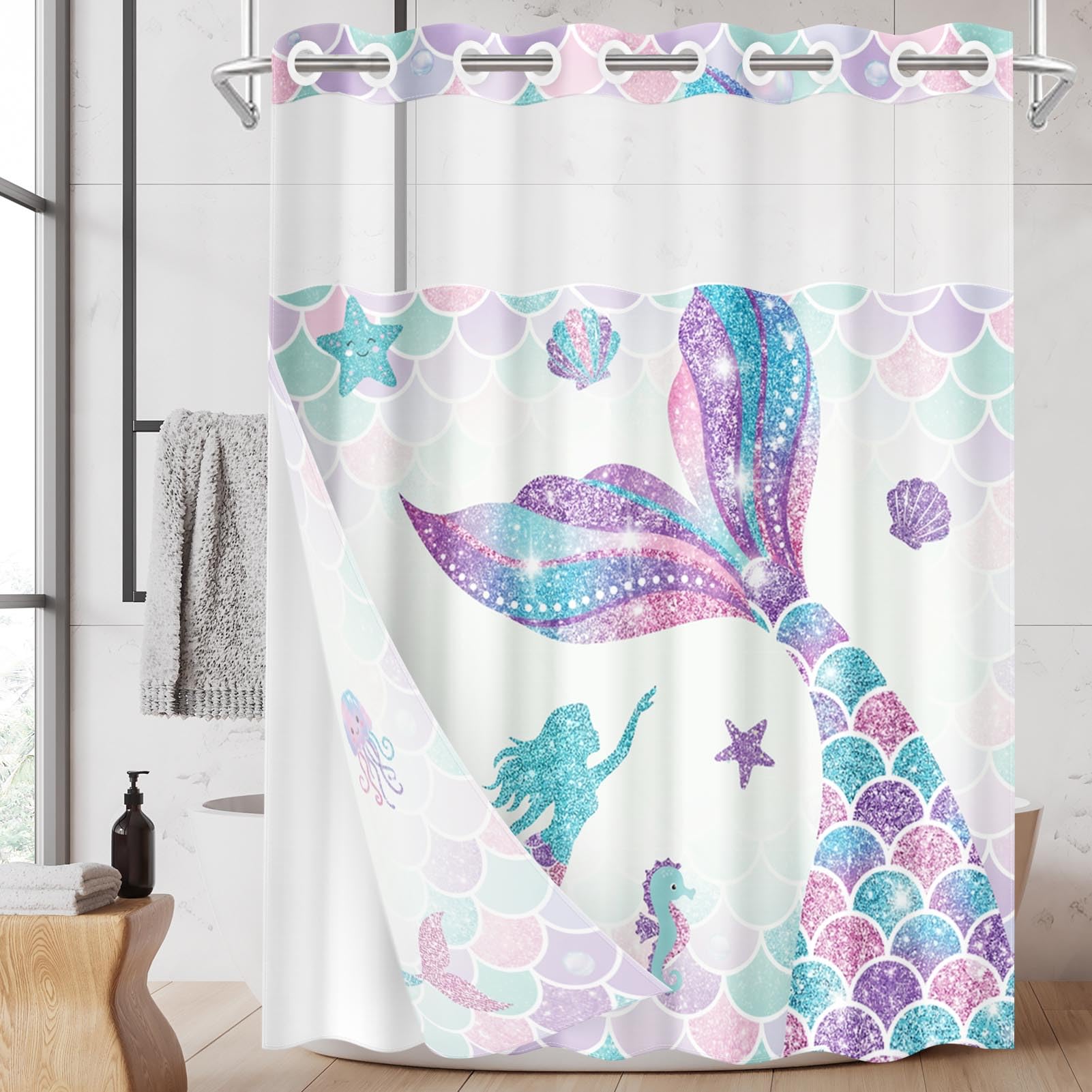 Nesphy No Hook Pink Mermaid Tail Glitter Shower Curtain with Snap in Fabric Liner Set, Summer Turtle Double Layers Waterproof Fabric with See Through