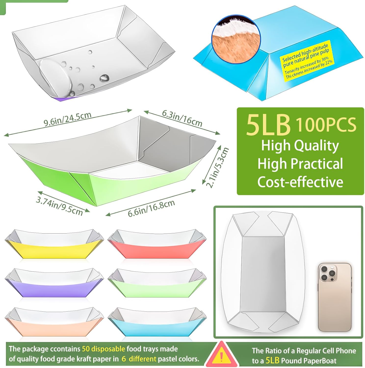 MotBach 100 Pack Extra Large 5Lb Paper Food Boat Trays Disposable Paper Boat Containers, Colorful Kraft Food Serving Tray Boats Plates for Snack Popcorn Sandwich Burger BBQ Hot Dog Taco Fries Nacho