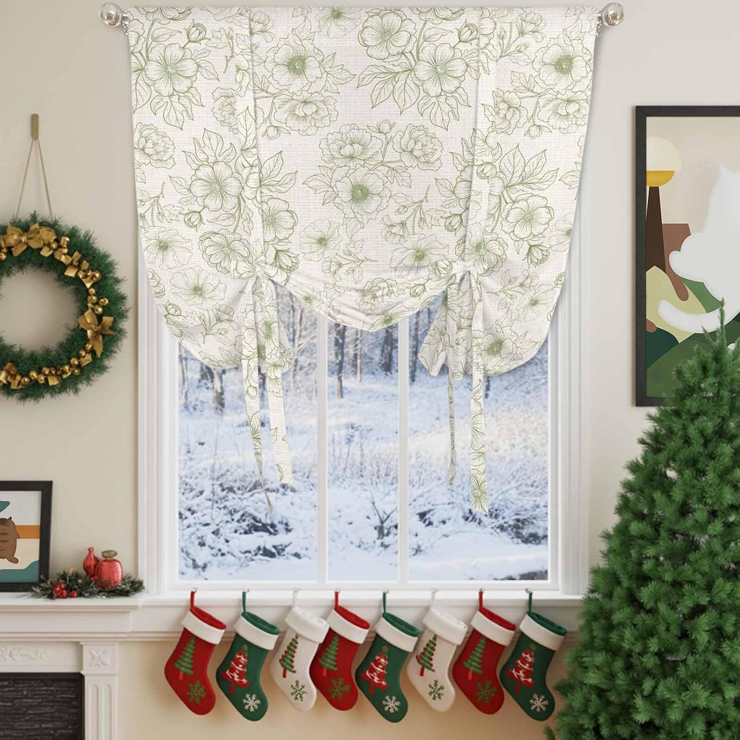 Farmhouse Flowers Tie Up Curtains for Windows 63 Inch Length Balloon Curtains Kitchen Adjustable Balloon Window Shade Green Botanical Floral Patterned Tie Up Valance Bathroom Curtain Window 46"x63"
