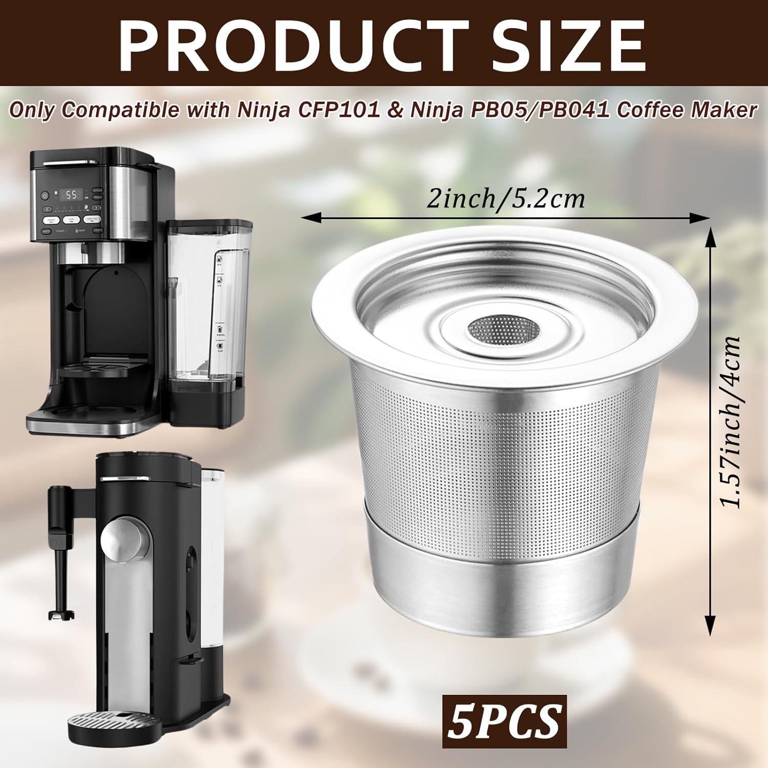 5 Pack Reusable K Cups and Coffee Pods for Ninja Coffee Maker PB051 & CFP101/PB041 304 Stainless Steel Reusable K Pod Permanent K Cups Filters Coffee Accessories Compatible with Ninja Coffee Maker