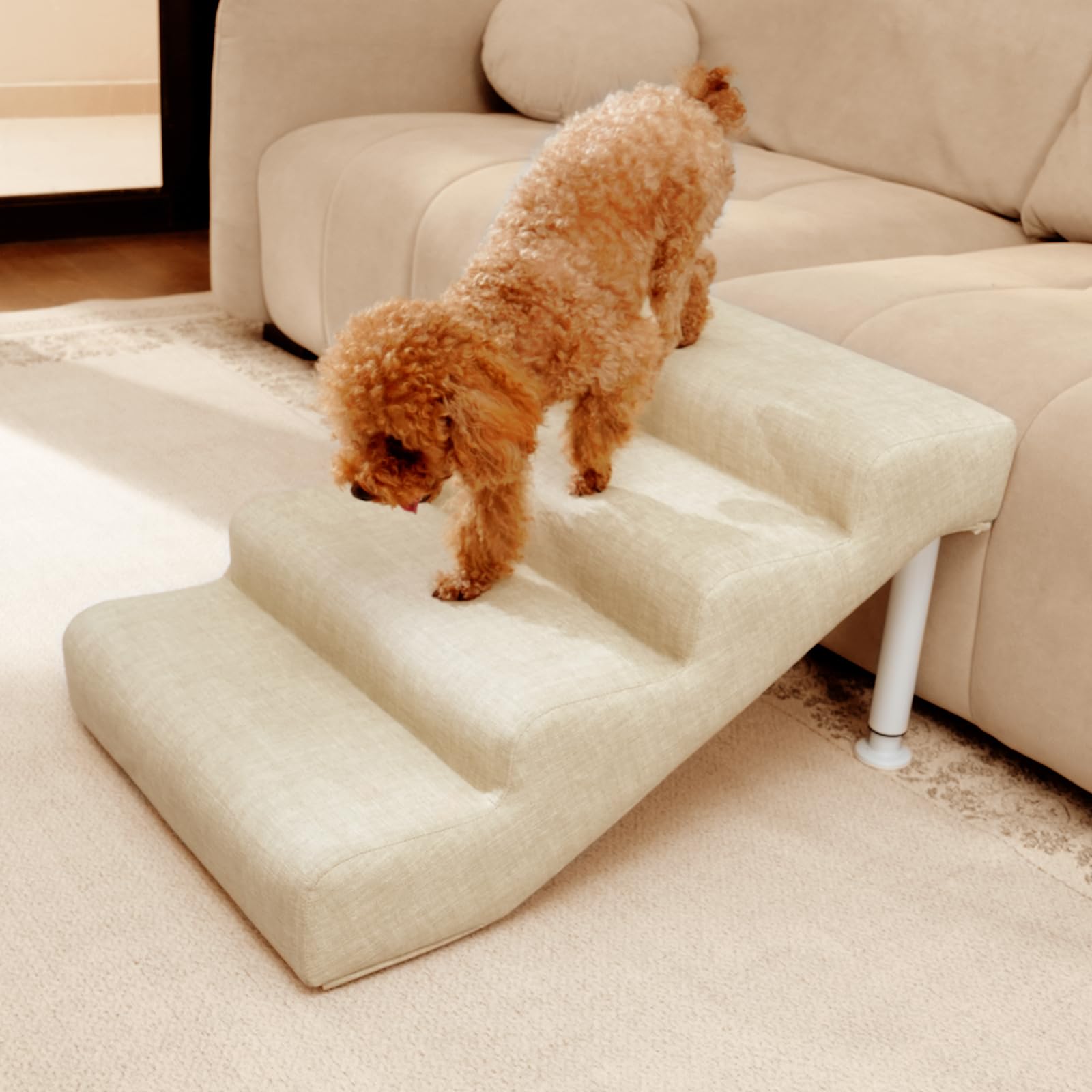 Hundetreppe rutschfeste Hunderampe Weiche Haustiertreppe Höhenverstellbar Mehrstufig wählbar Haustiertreppe für Hunde und Katzen (Beige, M, 4)