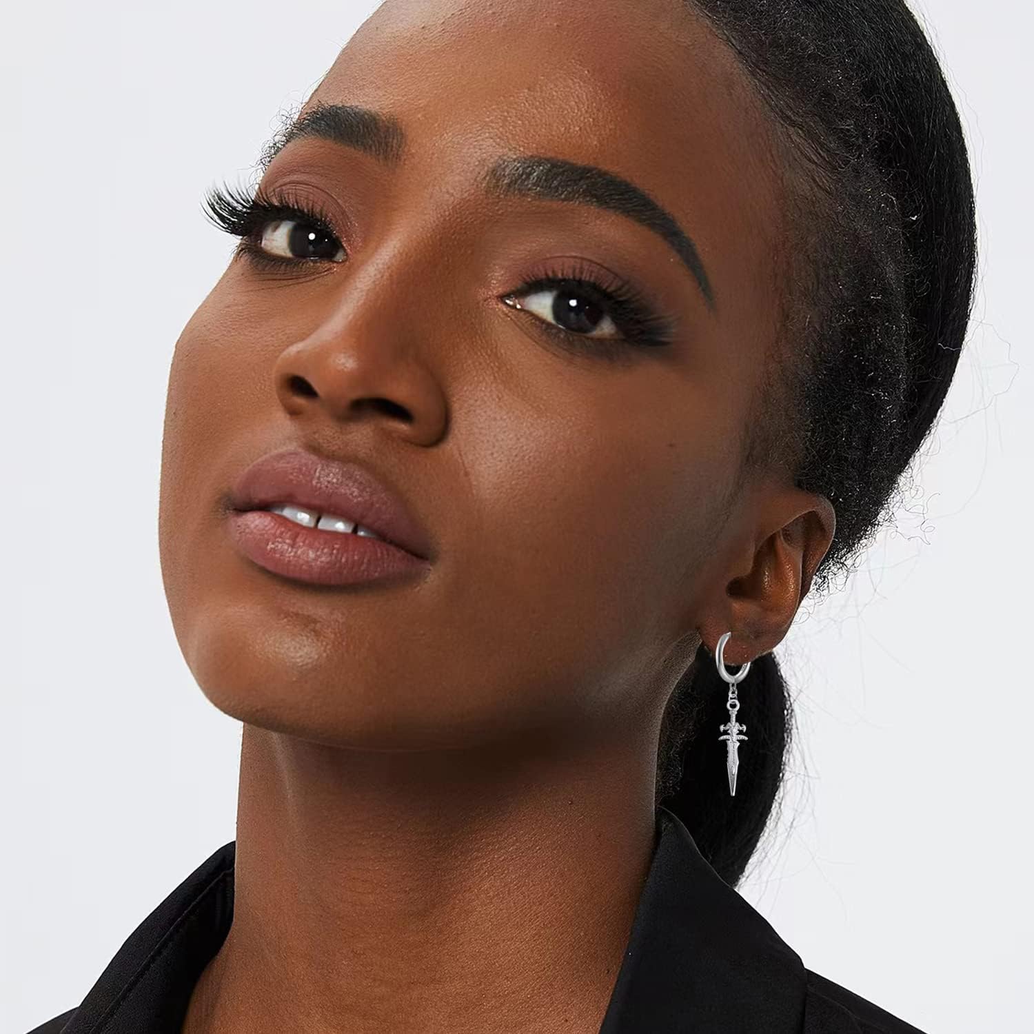 Unique Punk Hip Hop Cross Sword Dangle Drop Huggie Hinged Hoop Earrings Vintage Stainless Steel Cross Dagger Dangling Hoops Earrings for Women Girls Men Hypoallergenic Charms Jewelry Gifts - Image 2