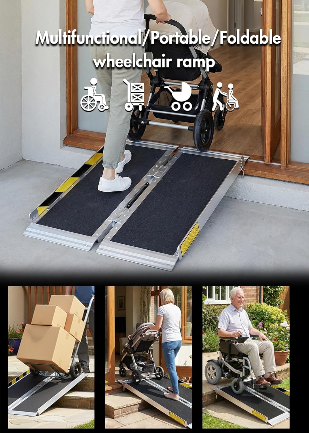 Protable wheelchair ramp 3FT,Non-Slip Folding Aluminum Handicap Ramps,Threshold Ramp for home,Holds up to 800lbs,Wheelchair ramp for steps,Mobility Scooter,Doorways (3FT Useing Height 3-9inch)