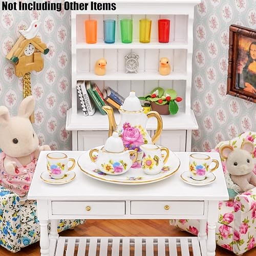 Miniatura 5 de Odoria Juego de tetera de porcelana en miniatura 16 8 piezas accesorios de decoración de casa de muñecas rosa roja