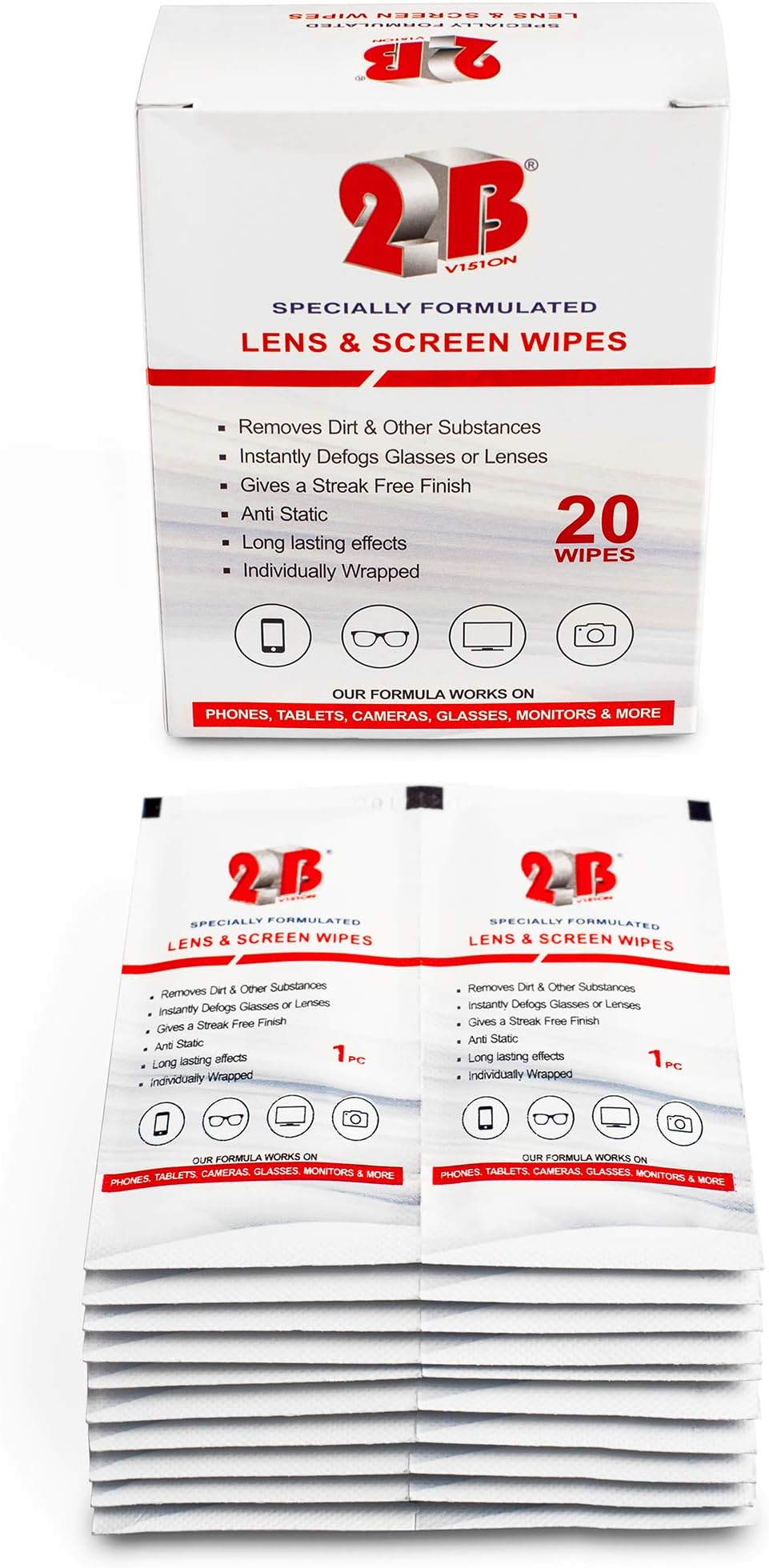 Screen Wipes 20 x Pre Moistened Screen Wipes Individually Wrapped for Eye Glasses Camera Lens Monitor Computer Screen Phone Gadget Tablet Cleaner Wipes to Remove Fingerprints Dust Oil by 2B Vision