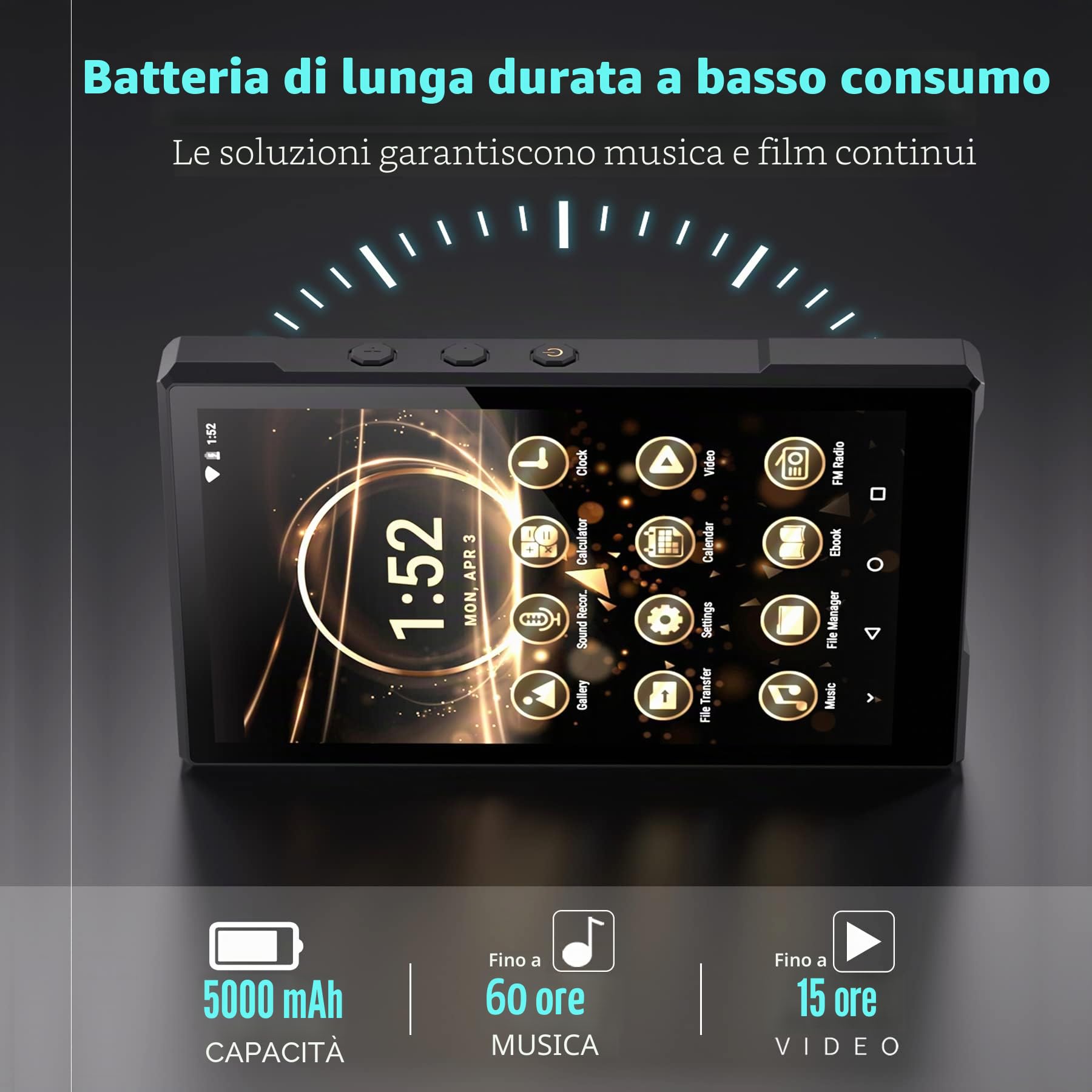 Lettore MP3 da 3 + 96 GB con Bluetooth, Supporta APK Scaricato, Batteria 5000 mAh Preinstallata Spotify, Audible e 5.0" IPS, MTK8 Core, Alloggiamento in Alluminio CNC fino a 1 TB
