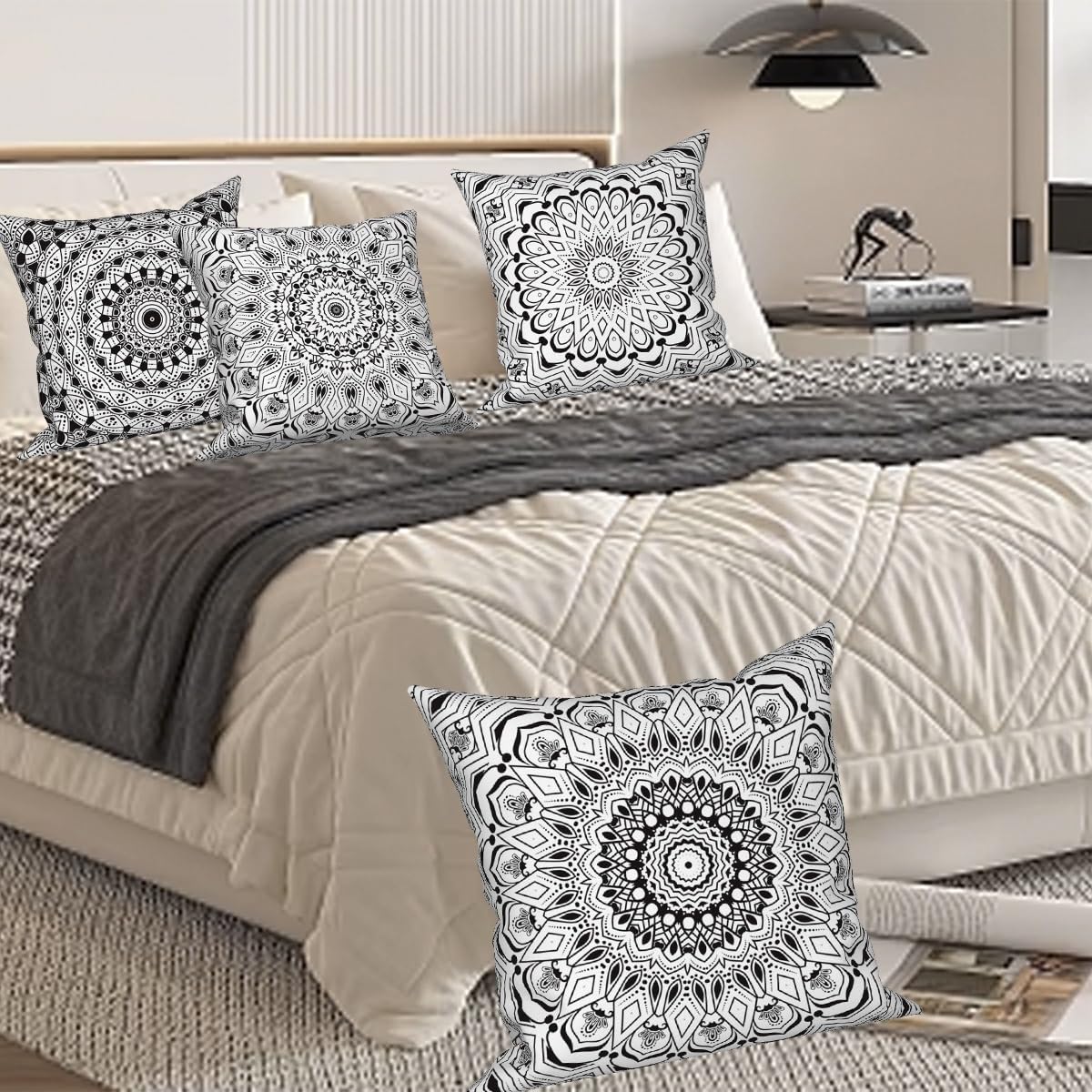 Bohemian Black Floral Throw Pillow Covers 18"x18" Set of 4, Mandala Abstract Flower Cushion Covers Moroccan Abstract Pattern Pillowcase for Couch Sofa Bed Chair Patio Home Indoor Outdoor
