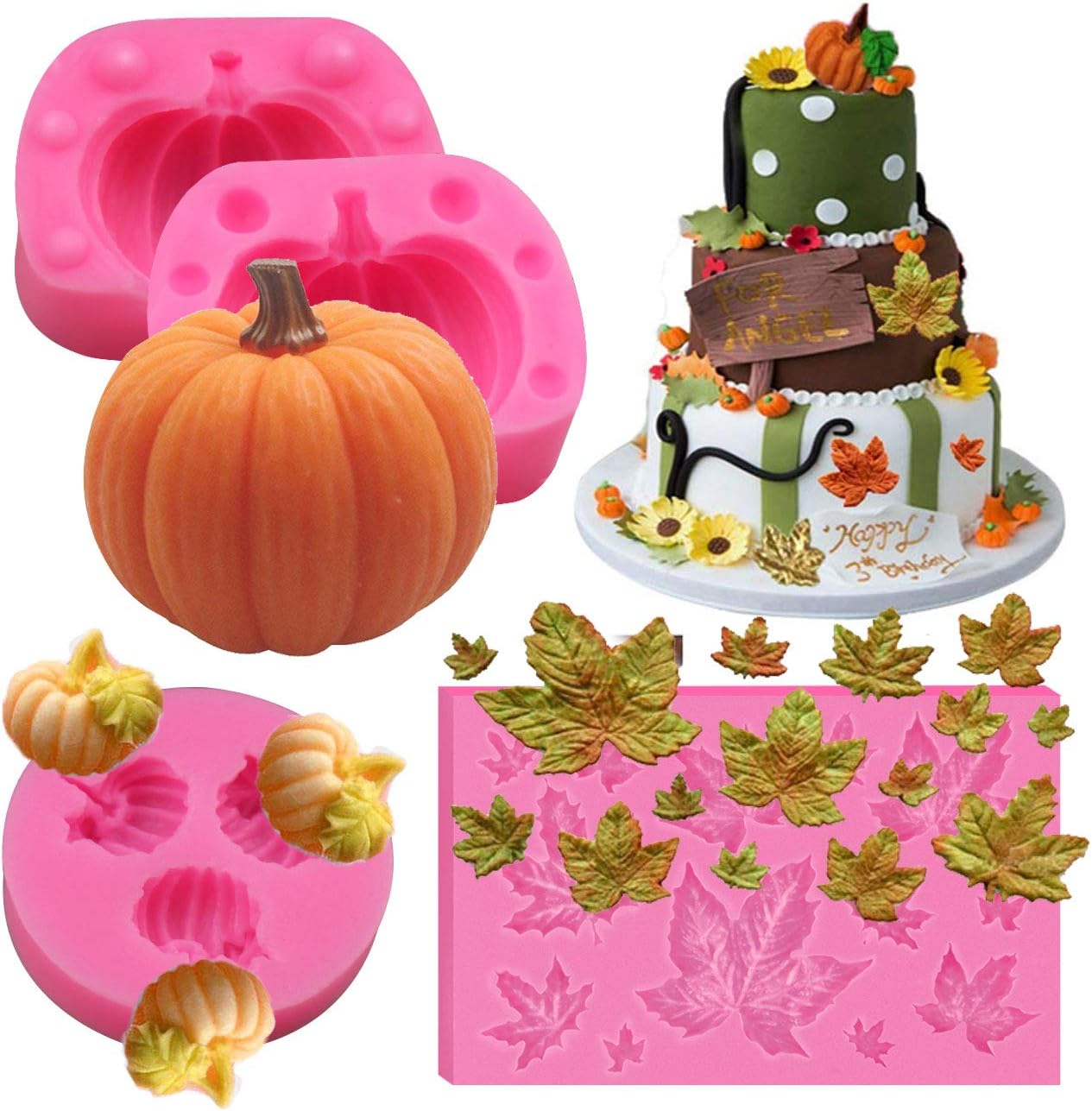 BUSOHA 3 Pcs Pumpkin Silicone Mold, Mini Pumpkin Mold for Fall Harvest Thanksgiving Cupcake Molds, Maple Leaves Fondant Chocolate Candy Molds for Fall Decoration