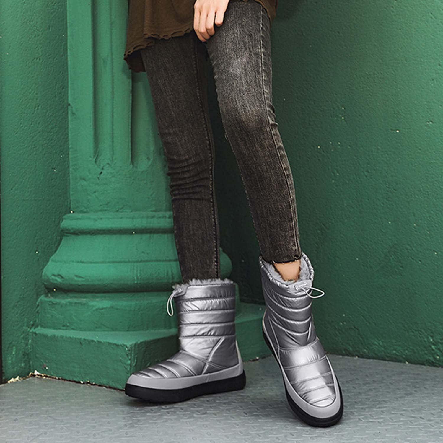 Botas de nieve para mujer invierno cálido forro de piel al aire libre sin cordones en botines impermeables zapatillas de deporte, gris, 39 EU