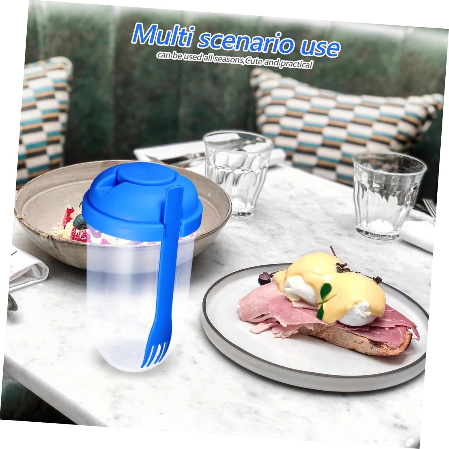 Portable Blue Plastic Salad Shaker Cup with Fork for Lunch