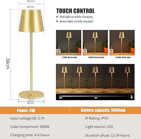 BGFHome BGFHome Cordless Table Lamp LED Desk lamp,5000mAh Rechargeable Touch Night Light Wireless Minimalist Design for/Restaurant/Bedroom/Bars/Outdoor Party/Camping/Coffee Shop(2 Pack Gold)… photo 5