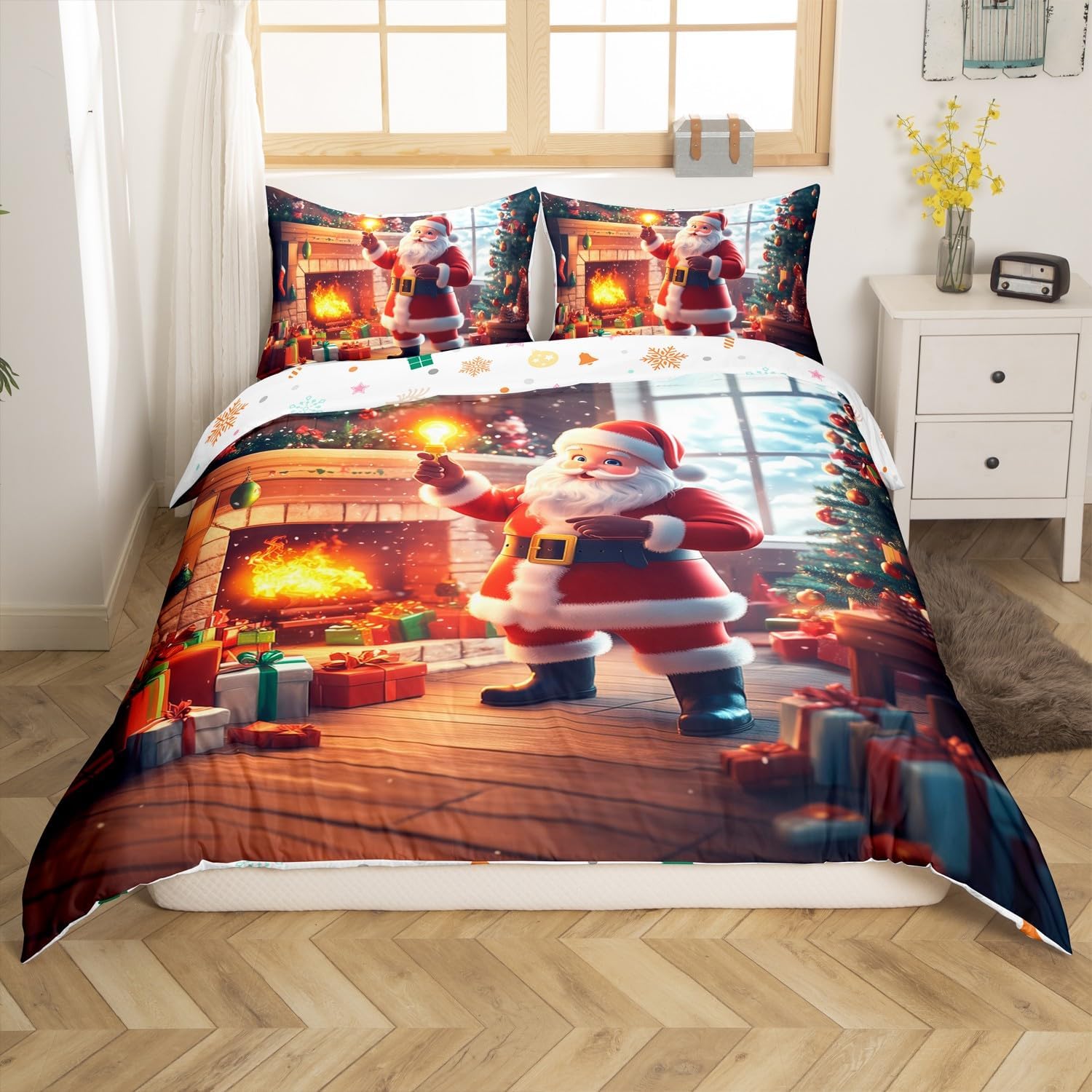3D Santa Claus Duvet Cover Set Jungle Winter Farmhouse Decor Rustic Style Bedding Set for Kids Teens Adults Christmas Tree Decor Cabin Comforter Cover with 2 Pillowcases(No Comforter)Queen Size 3 Pcs