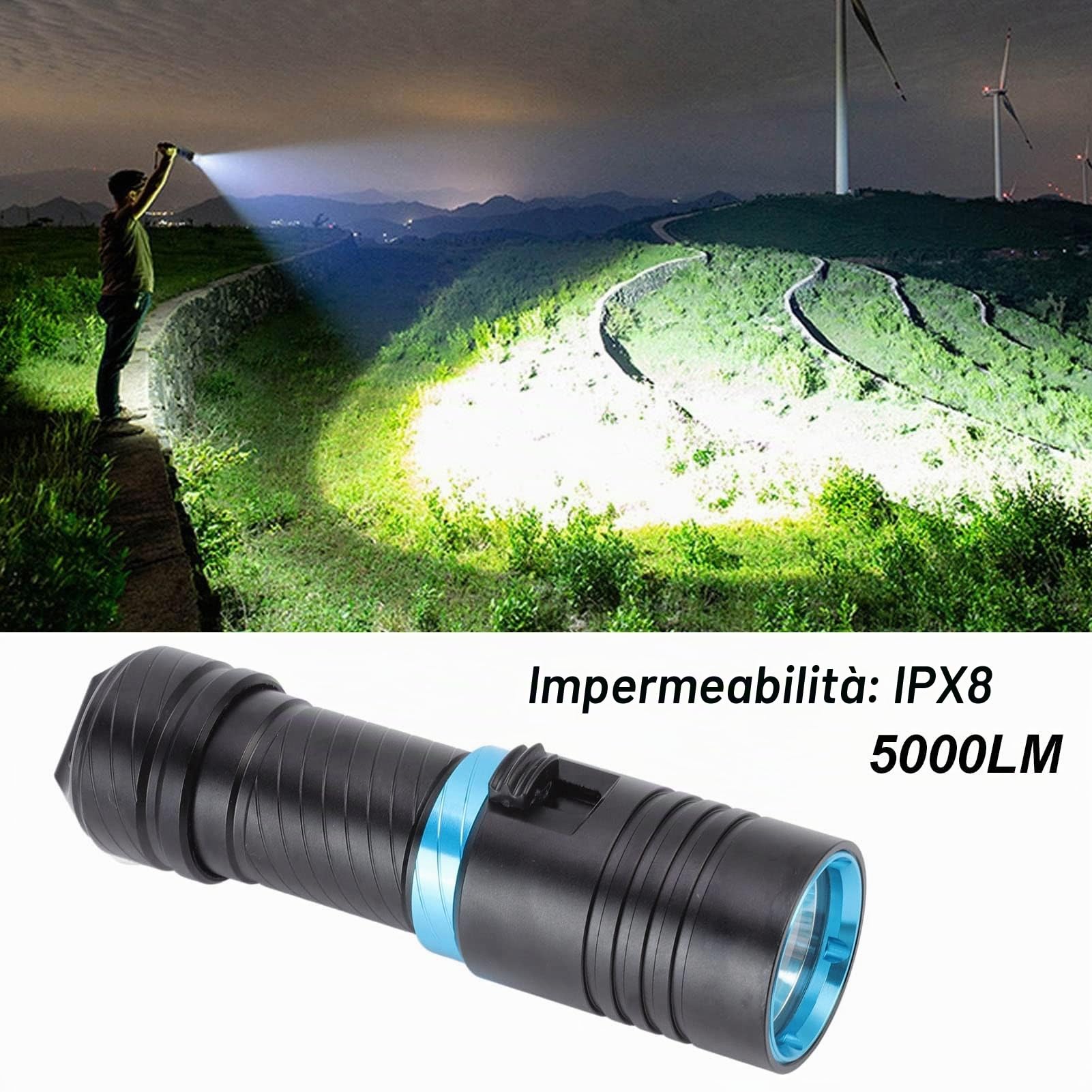Haofy Torcia Subacquea, Torcia LED Subacquea Impermeabile, Torcia Subacquea 5000LM Luce Subacquea Subacquea per Pesca Notturna Grotta di Mare Profondo, Luce Bianca