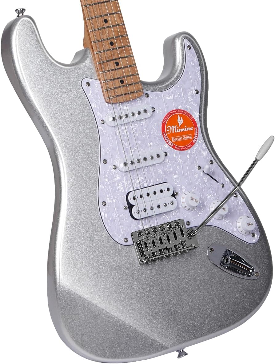Electric Guitar Kit -39in Solid Body Starter Guitar Kit with Metallic finish, Guitar Case, Amplifier Gig Bag, Strings, Strap, Cable, Picks M100S (Silver)