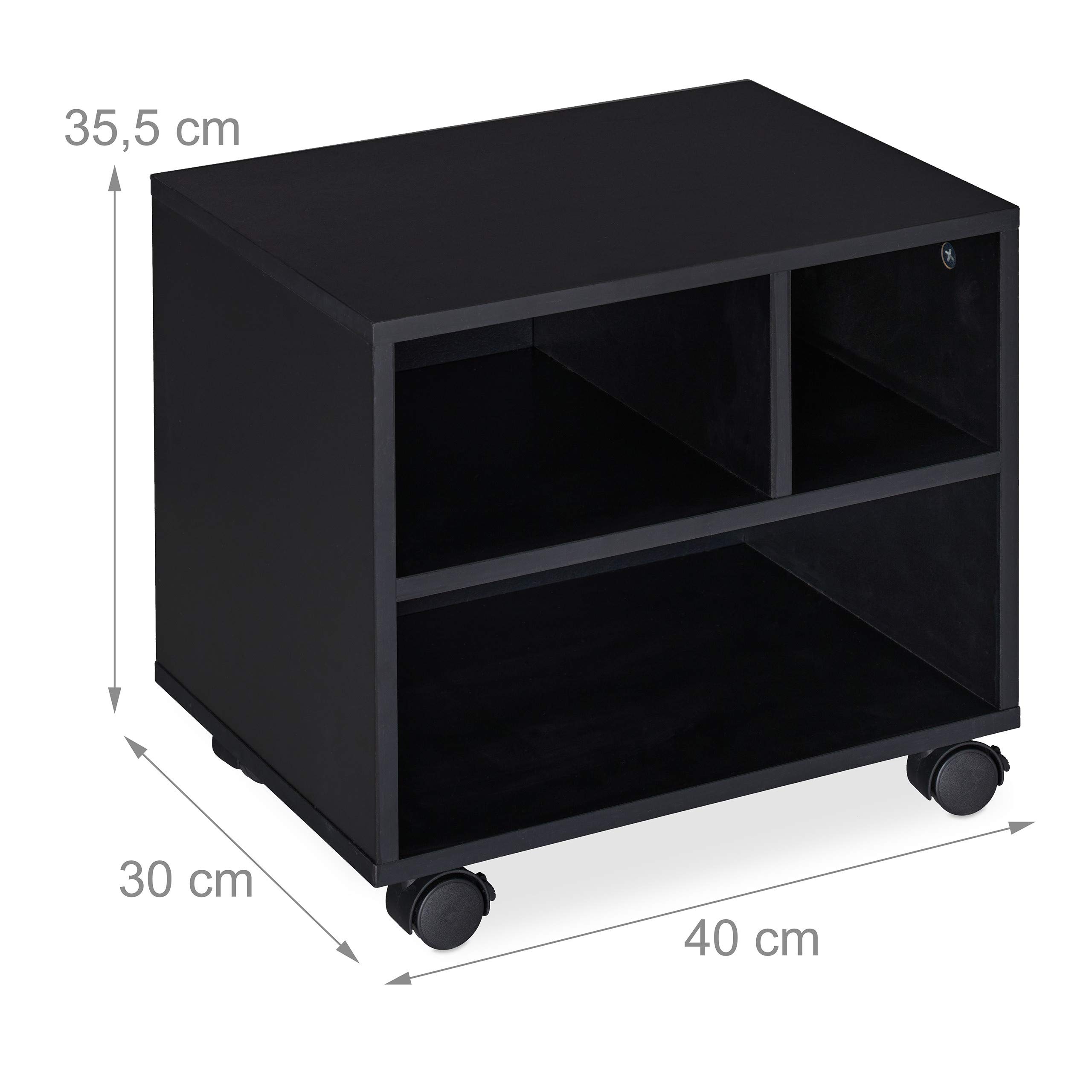 Relaxdays Carrello Porta Stampante, 3 Scomparti Aperti, per Ufficio, Mobiletto con Ruote, HxLxP 35,5 x 40 x 30 cm, nero