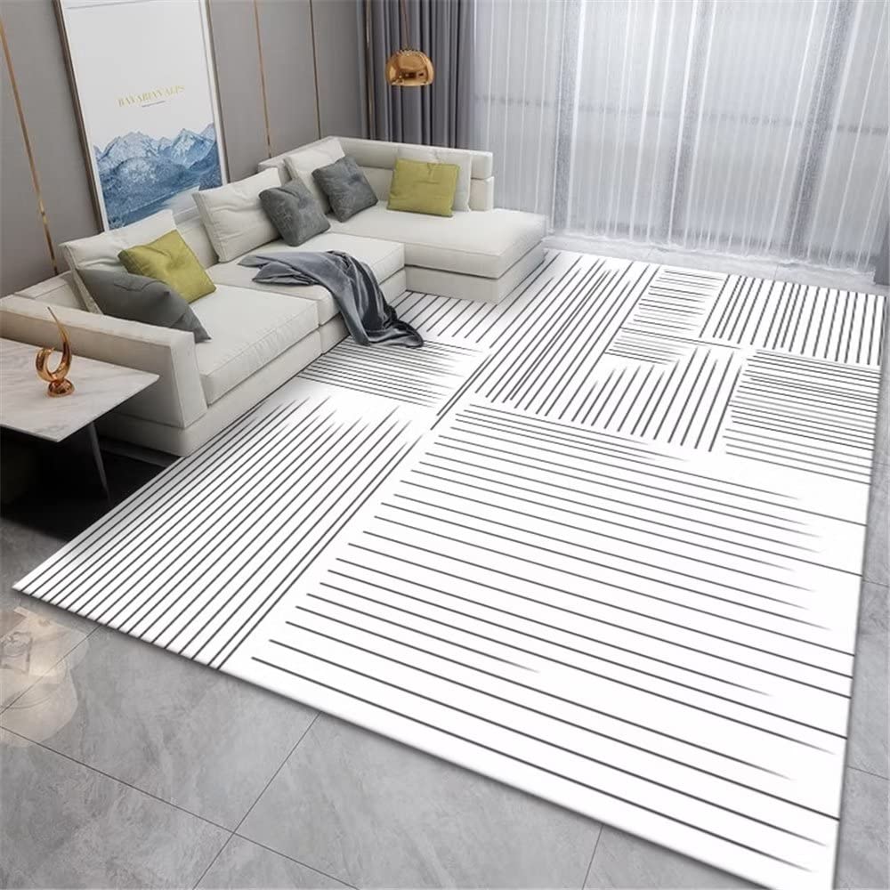 Tapis de salon gris à rayures géométriques facile à nettoyer