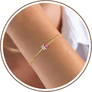 Birthstone Bracelets for Women, Dainty Gold Bracelet with Birthstone Birthday Gifts for Her Mothers Day Gifts Trendy Stuff 14k Plated Adjustable Link Bracelet Anniversary Christmas Jewelry
