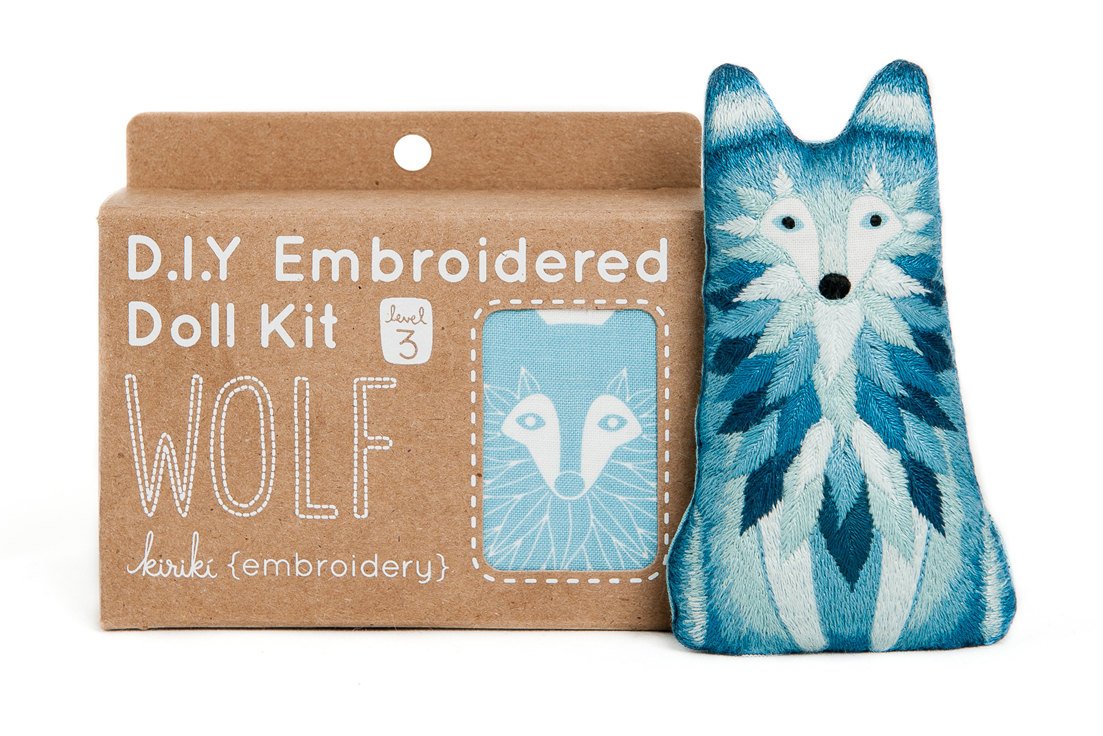 Kiriki Press DIY Embroidery Doll Kit - Beginner to Advanced Skill Levels | Animal Embroidery Kit - Screen Printed Pattern (Wolf)