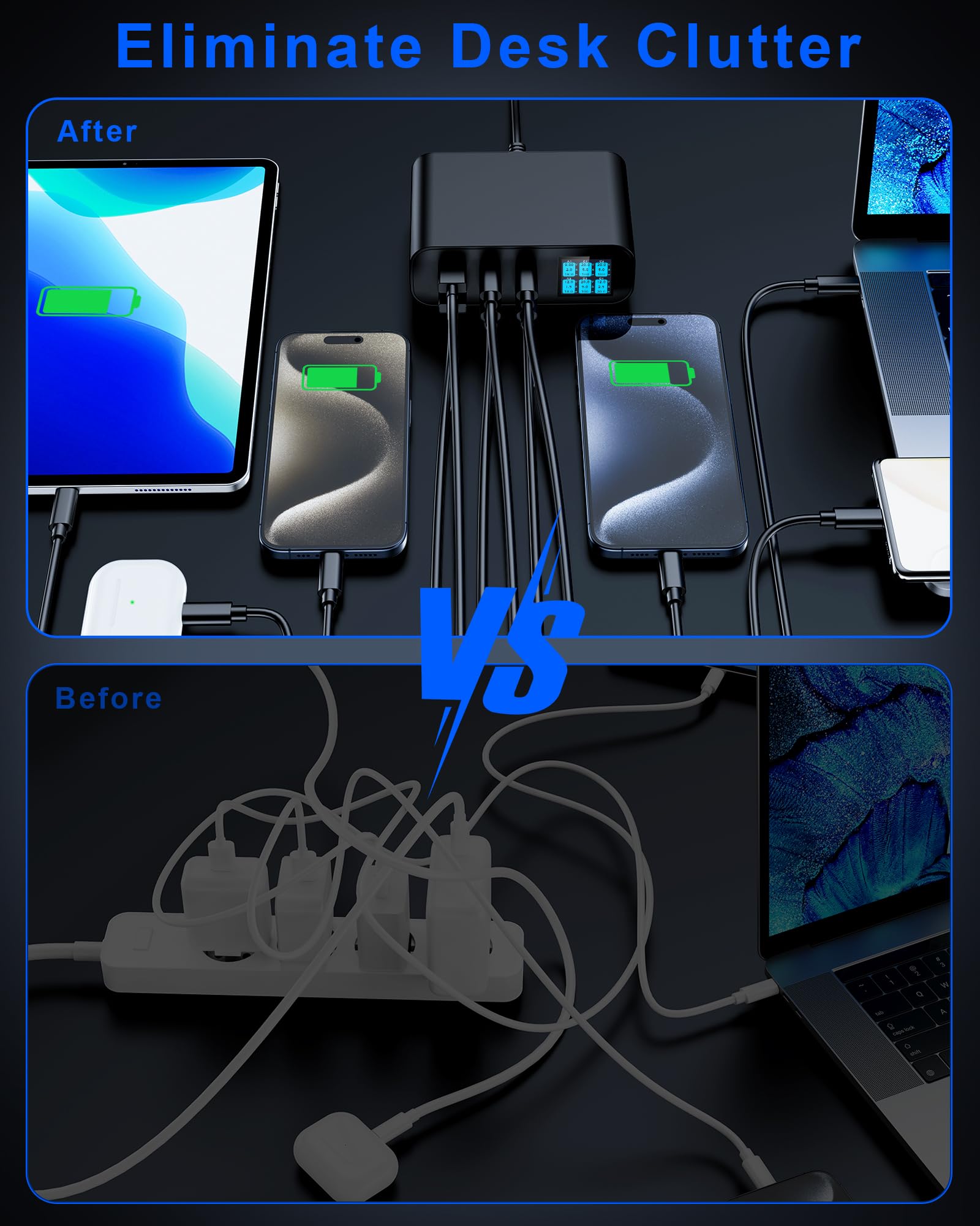 Stacja ładująca USB C, 200 W, 6-portowa stacja ładująca GaN, wieloportowa ładowarka do szybkiego ładowania, kompatybilna z iPhone 16/15/14 i MacBook Air/Pro, HP, Dell i innymi (czarna)
