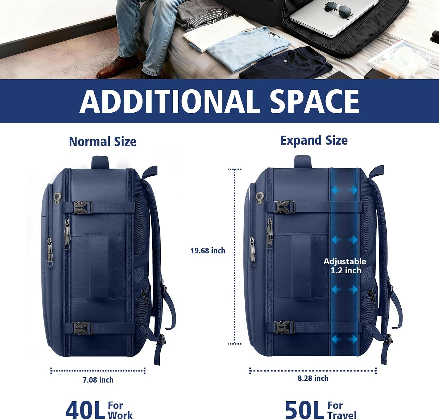 tazbuzo Travel Backpack, Extra Large 50L Flight Approved Carry on Backpack, Expandable Waterproof Business Suitcase Daypack Big Bag Fits 18.4 Inch Laptop, Blue image 4