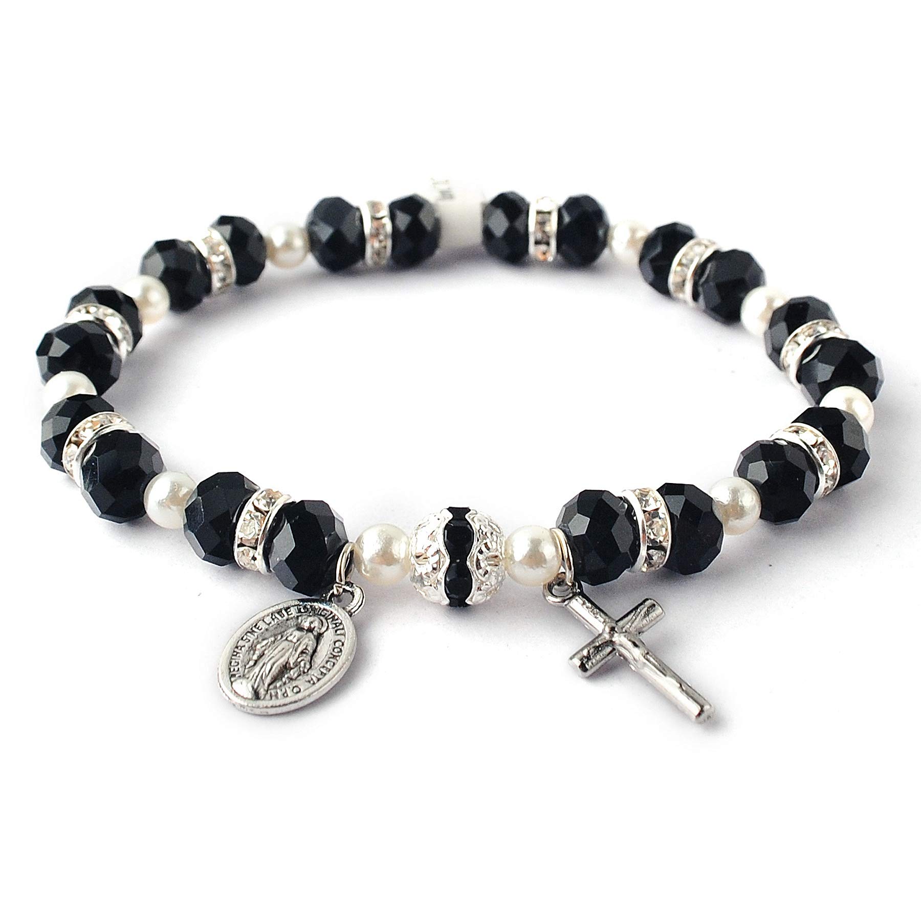 HanlinCC Women's Beaded Stretch Rosary Bracelet with Crucifix and Miraculous Medal