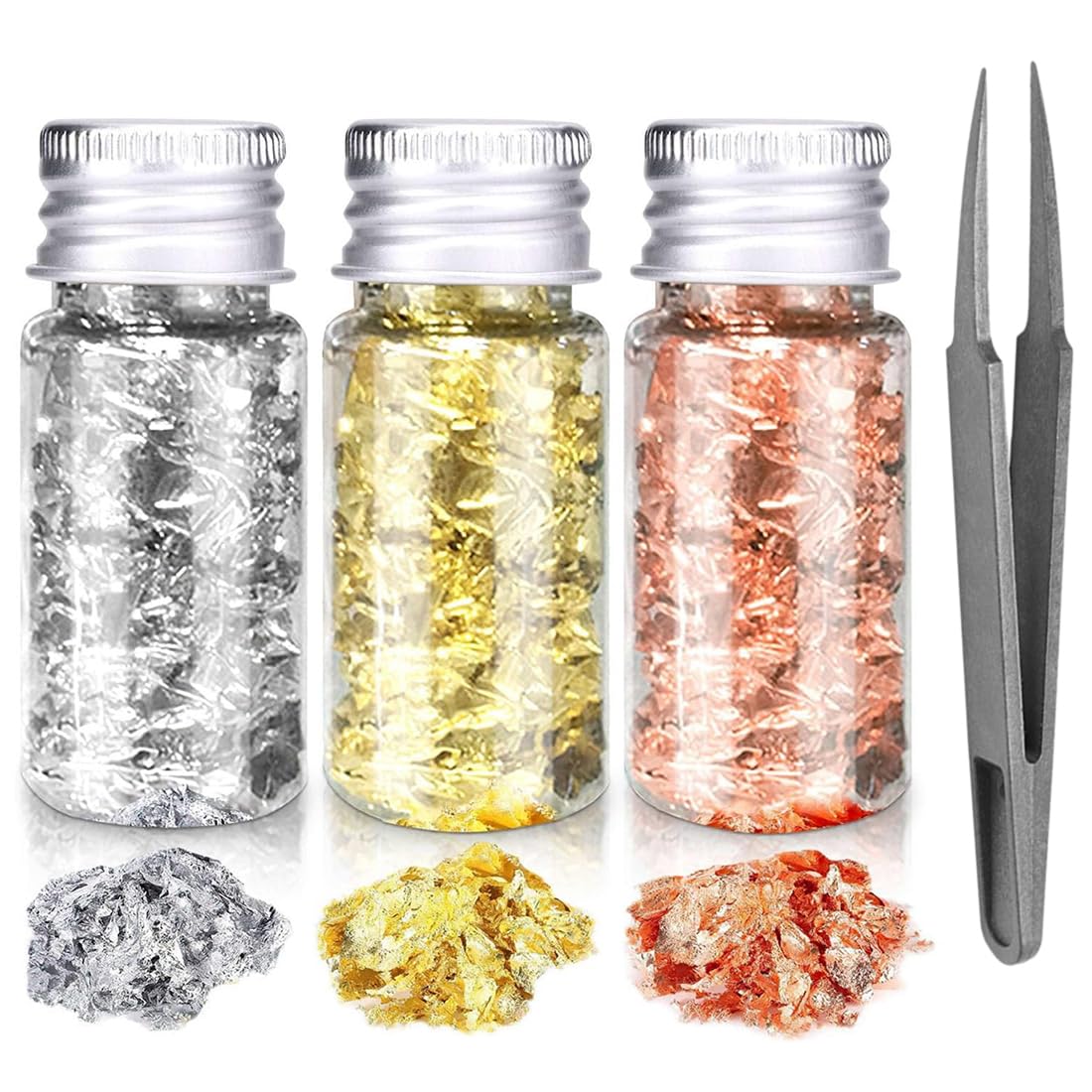 3 Piezas de Oro Lámina Decorativa con Pinza y Copos para Manualidades, Decoración de Uñas, Funda de Teléfono Móvil y Fabricación de Joyas de Resina