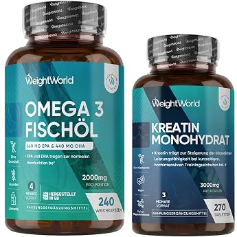 WeightWorld Omega 3 Soft Capsules + Creatine Monohydrate Tablets | With 3000 mg active creatine per day, with 2000 mg fish oi