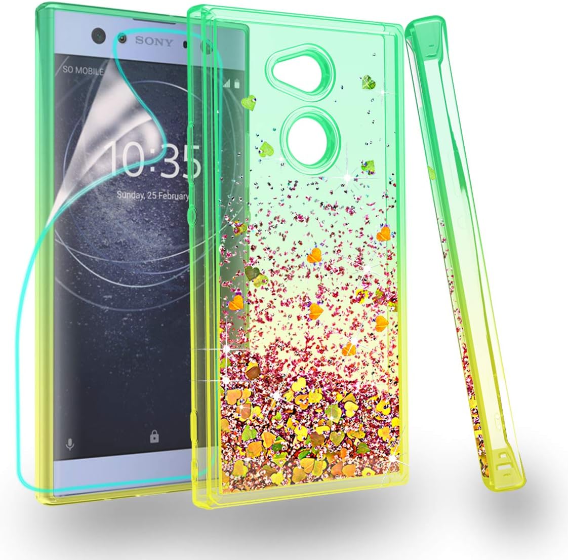 ZingCon Xperia XA2 Ultra Phone Case，Glitter Phone Case with Quicksand Bling Adorable Shine,[HD Screen Protector] Glitter Bling Shockproof Hybrid Hard PC Soft TPU Protective Cover-Green/Yellow
