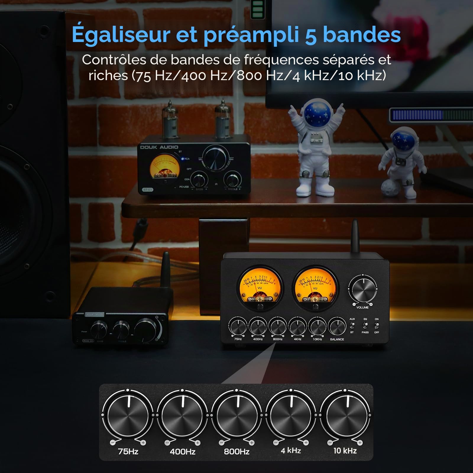 Douk Audio EQ5 PRO EQ5 PRO Egaliseur Bluetooth 5 bandes Préampli pour Home Stereo/Computer Speaker/Amplificateur avec VU Meter