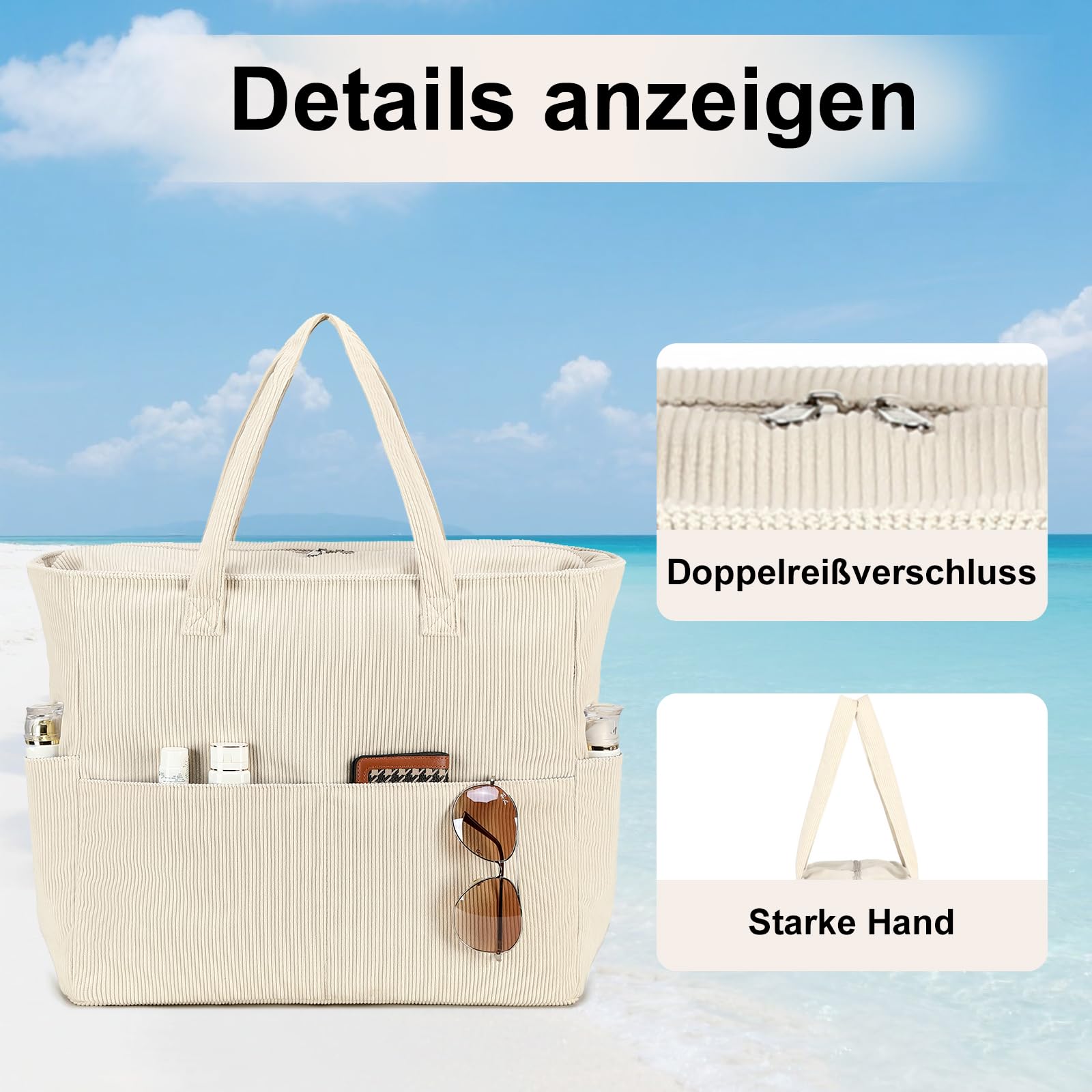 LEDAOU Duża torba plażowa z zamkiem błyskawicznym, wodoodporna torba na ramię damska, torba Shopper, piaskoochronna z zamkiem błyskawicznym, torba na basen, fitness, podróż, rodzinna, Large
