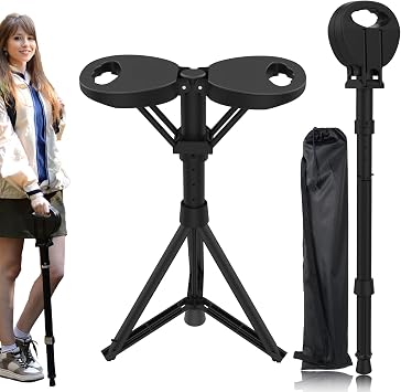 Folding Walking Stick with Seat, 3-in-1 Triple-Leg Cane Stool, 330lbs Capacity, Lightweight 3.5lbs Aluminum Alloy for Hiking, Travel & Elderly Support Includes Storage Bag