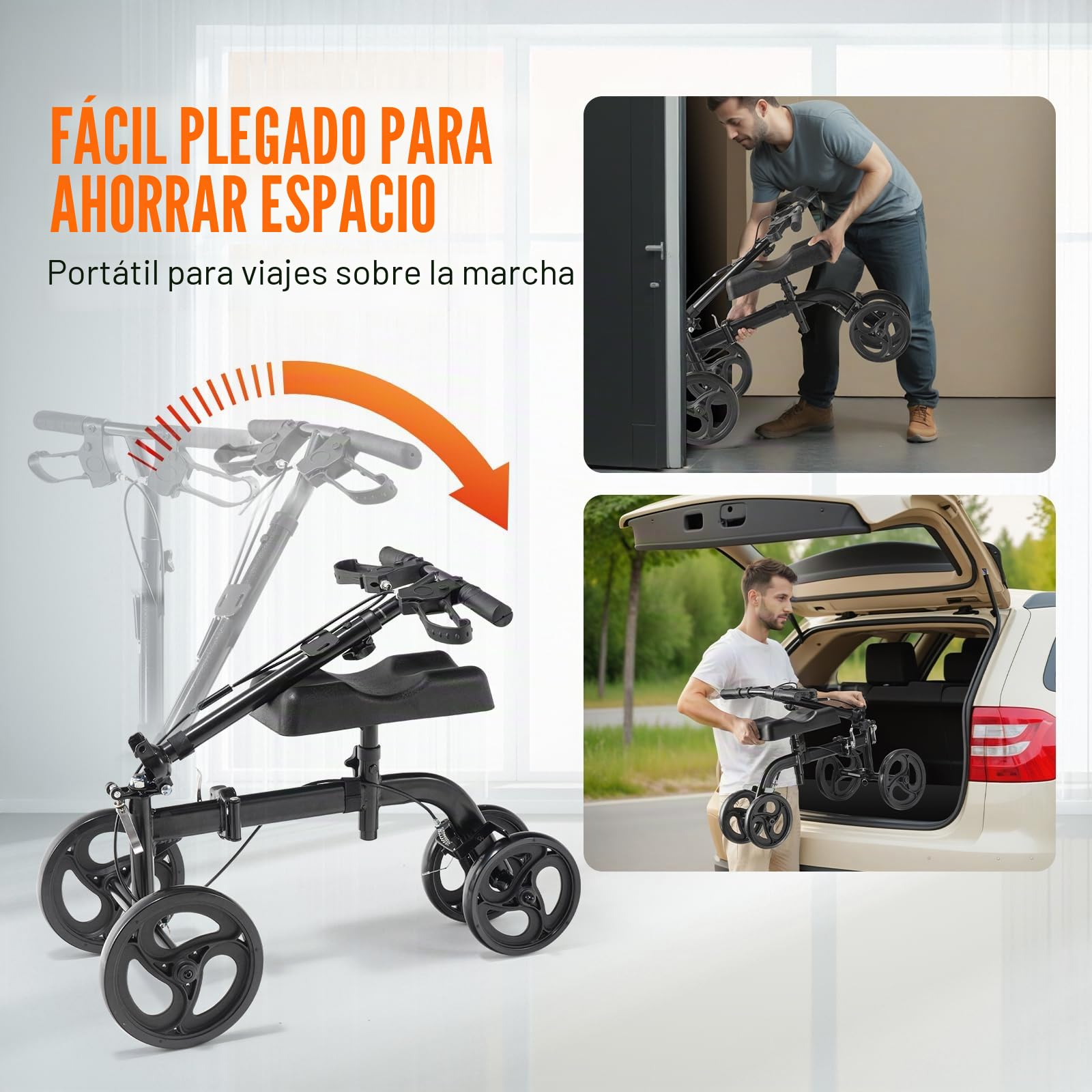VEVOR Patinete de Rodilla Plegable, Andador de Rodilla Orientable de Acero al Carbono con Manillar Ajustable, Ruedas Todo Terreno, Recuperación de Piernas para Lesiones de Tobillo Roto, 445-570 mm