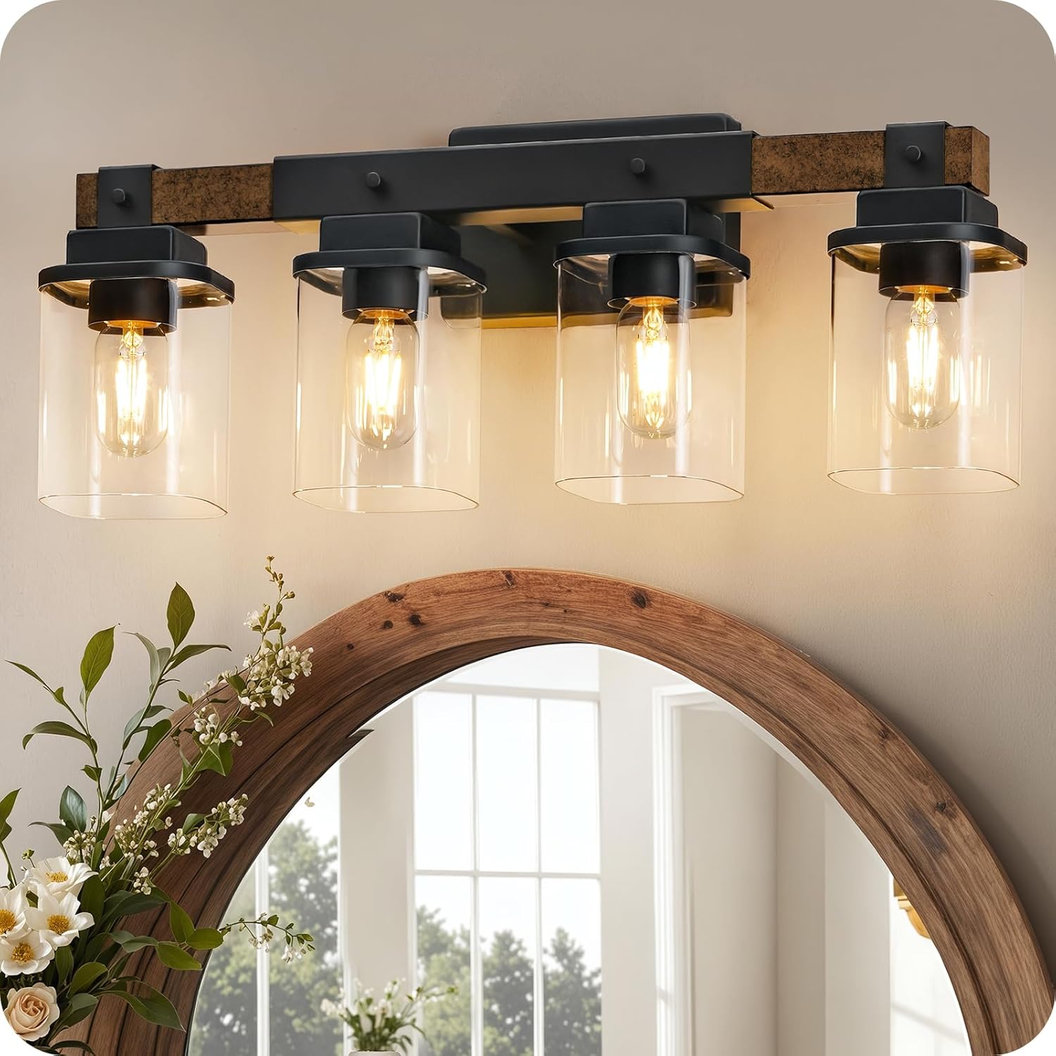 4-Light Bathroom Light Fixtures, Farmhouse Vanity Lights for Bathroom with Glass Square Shade, Rustic Vanity Lights, Sconce Wall Light, E26 Base (Bulbs Not Included), ETL Listed FS09BD05