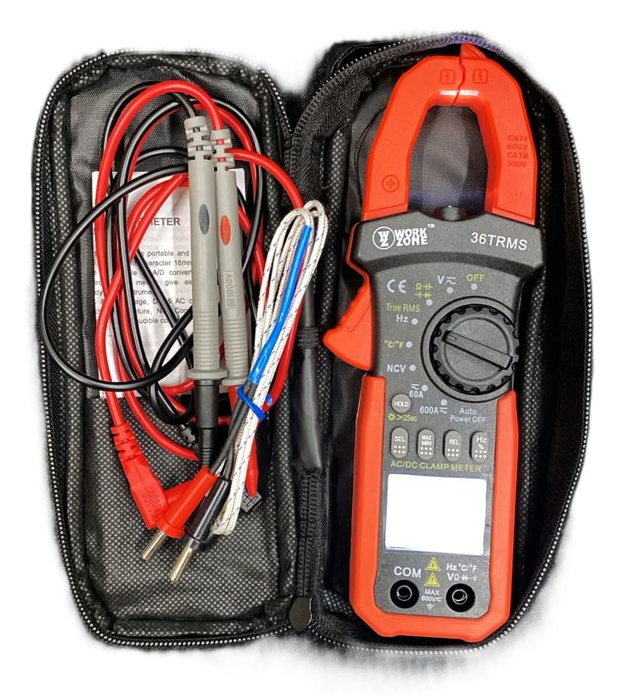 Skyking WORKZONE 36TRMS Digital Clamp Meter and accessories stored in a black carrying case