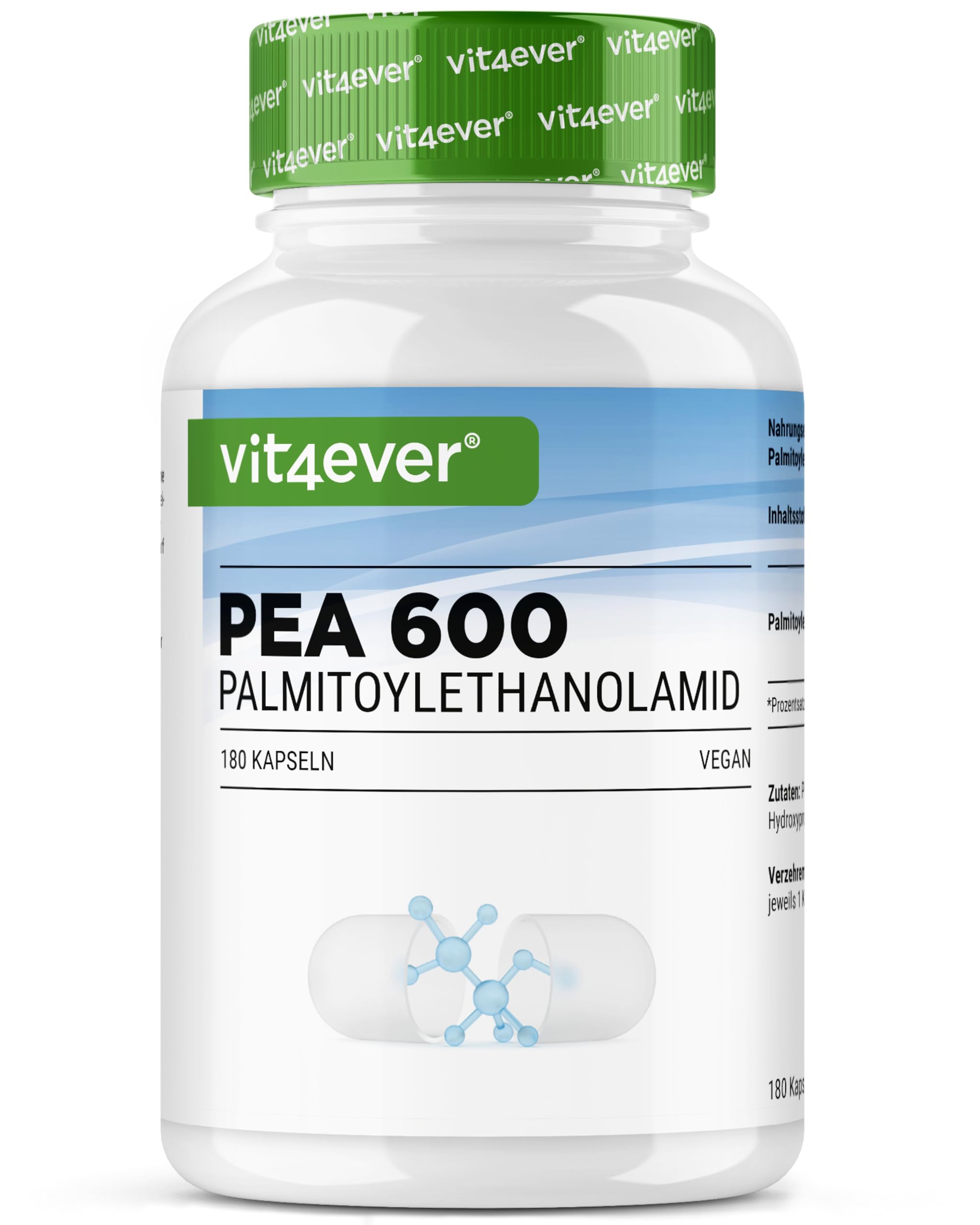 vit4ever PEA 600-180 Cápsulas veganas | 1200 mg de Palmitoiletanolamida Micronizada por dosis diaria - Alta dosis - Sin aditivos - Vegano