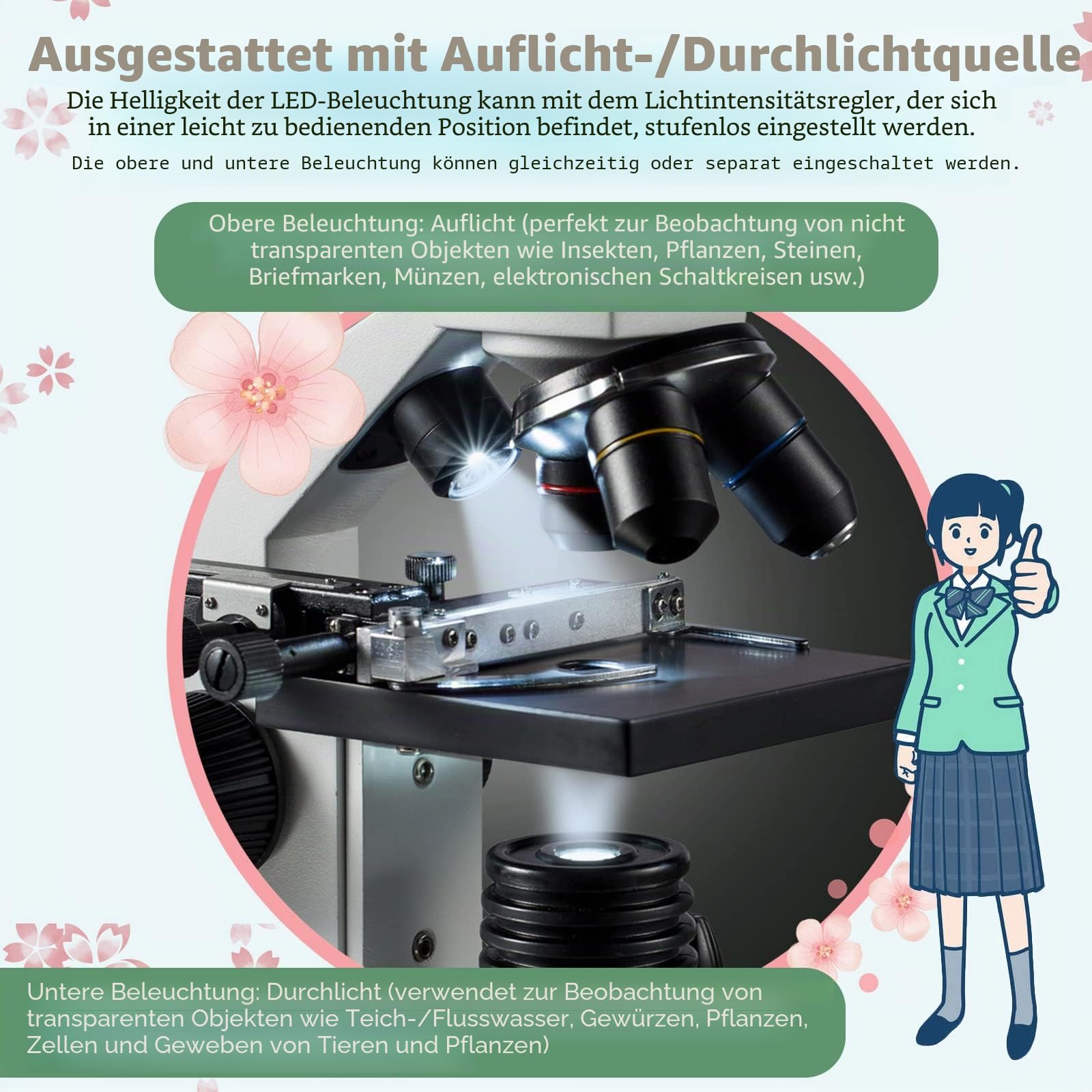 Mikroskop für Kinder und Erwachsene Geeignet - Durchlicht & Auflicht, mit Kreuztisch & Zubehör - Leistungsstarkes Biologie Mikroskop für Schule, Studium und Hobby