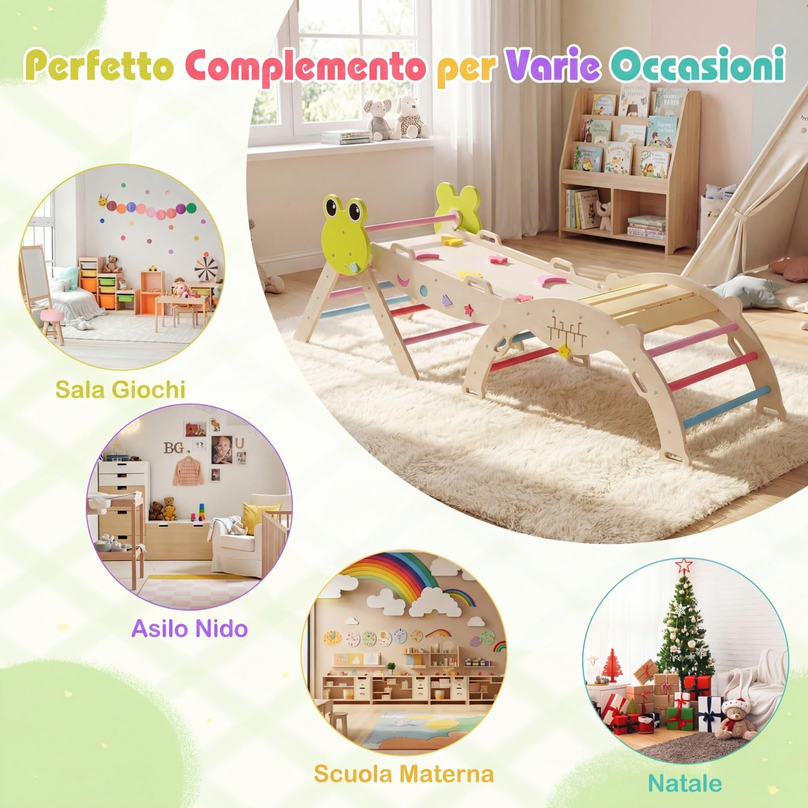 RELAX4LIFE Set da Arrampicata per Bambini, Triangolo di Arrampicata con Scivolo e Arco, Gioco di Incastri in Legno, Gioco Montessori per Bambini 1+ Anni (Rana-3 Pezzi | Colorato)