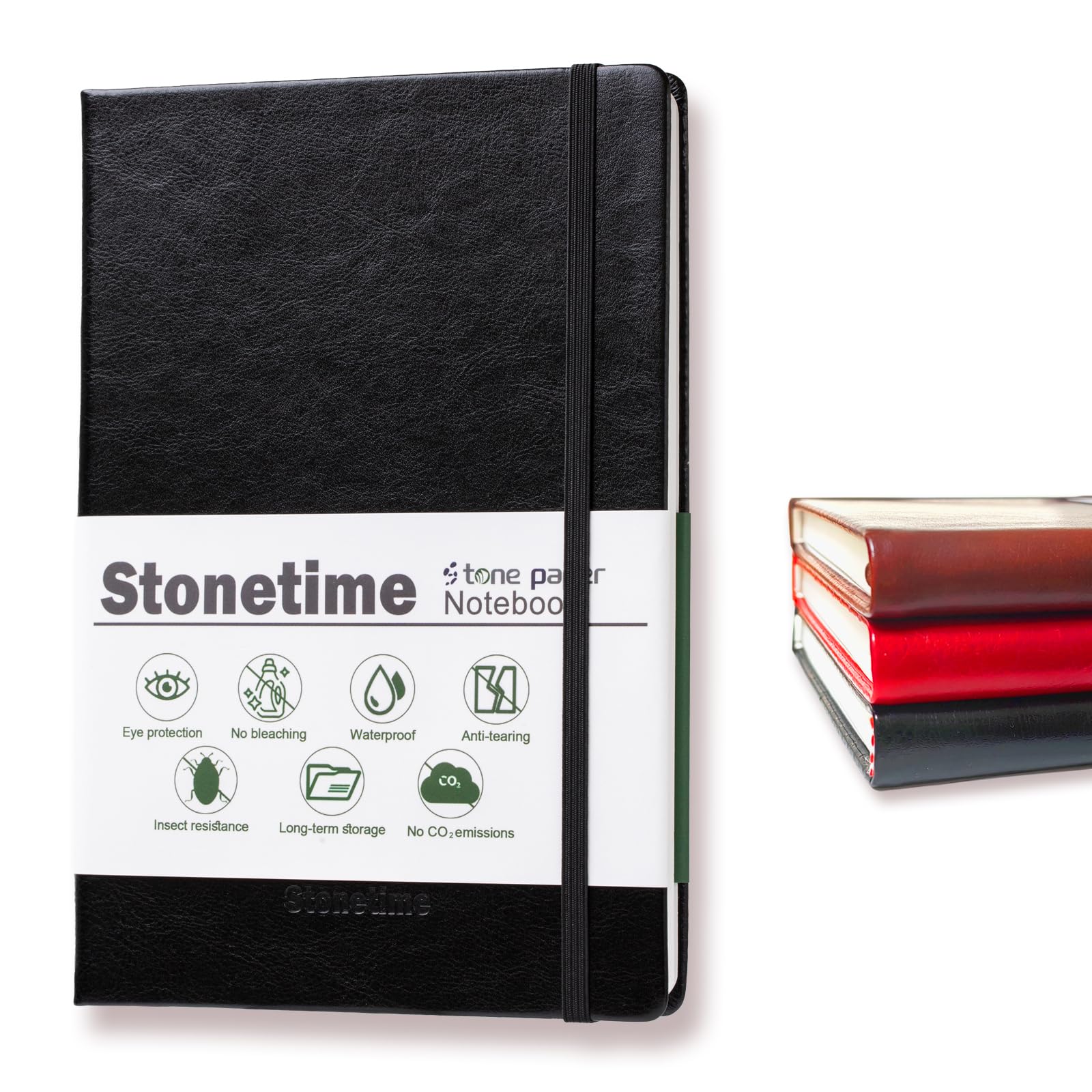 Stonetime Taccuino in carta di pietra, per donne e uomini, formato A5, impermeabile, con copertina rigida, a righe, per scrittura, lavoro, scuola, 160 pagine (nero) 010