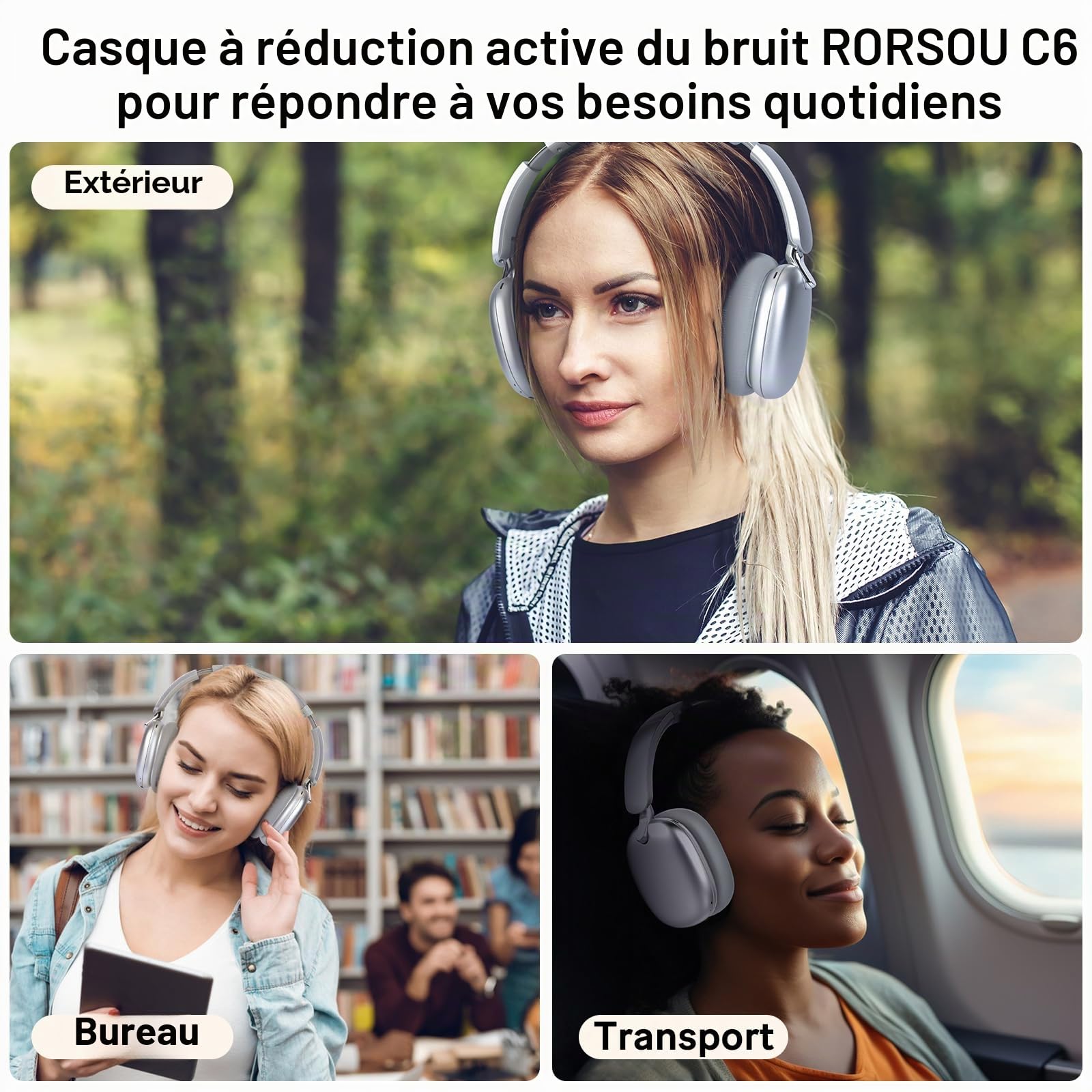 Casque Audio C6 à réduction Active du Bruit, Casque Bluetooth Supra-auriculaire sans Fil, Design Pliable léger, Oreillettes Confortables avec Basses Profondes, avec Micro Argent