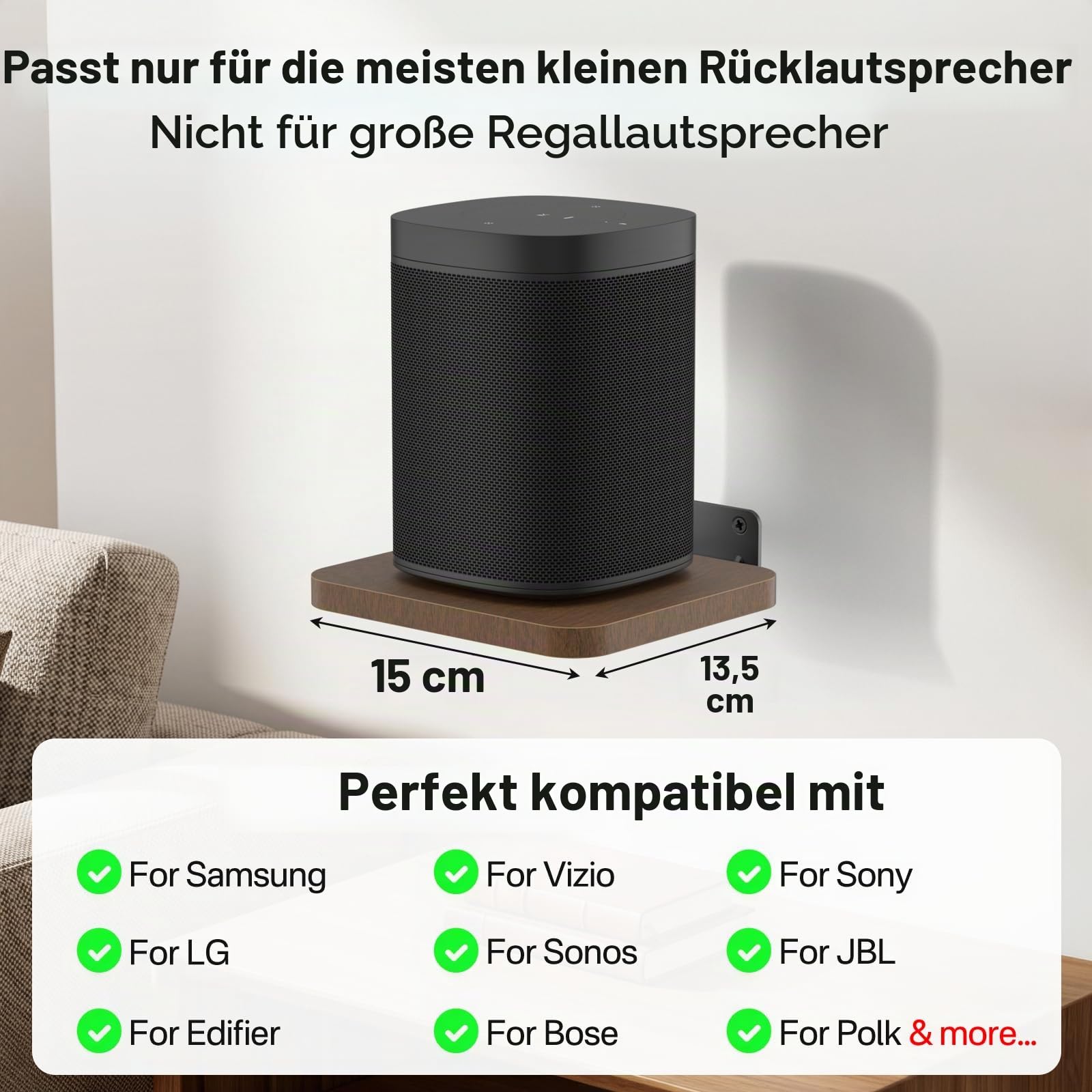 Universelle Rücklautsprecher-Wandhalterung für Samsung, Roku, Sony, JBL, Vizio, LG, kleine Lautsprecherhalterung, Holz, verstellbare Lautsprecherregal, Wandhalterung für die meisten