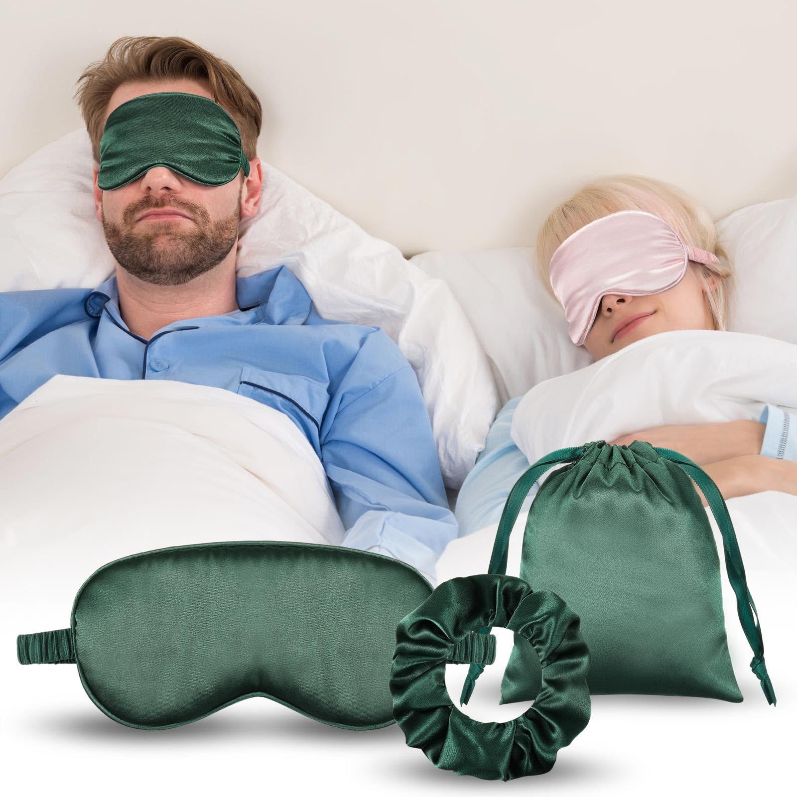 XunYee Satin-Schlafmaske, lichtblockierend, weiche Seidenimitat, inklusive Reisetasche und Haarbänder, Nacht-Augenschatten für Damen, Herren, Seitenschläfer, Reisen, Rosa, Silbergrau, Grün, Schwarz, 4