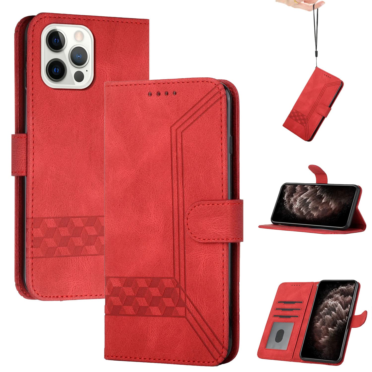 Genlision Flip Custodia in Pelle PU Premium per iphone 13 Pro(6.1),Custodia Sottile in Pelle per Telefono,con Supporto Stand,Slot per Schede e Chiusura Magnetica-Rosso