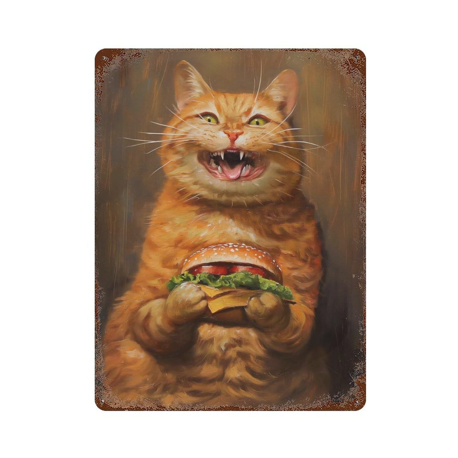 Funny Cat Hamburger Smile Retro Metal Sign 15.7"x11.8", Classic Wall Plaque for Garage, Pub Or Kitchen