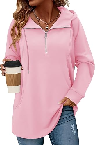 onlypuff Women Hoodie Pullover Trendy Quarter Zipper Lapel Sweatshirts Drawstring Cute Hooded Tunic Tops with Side Pockets
