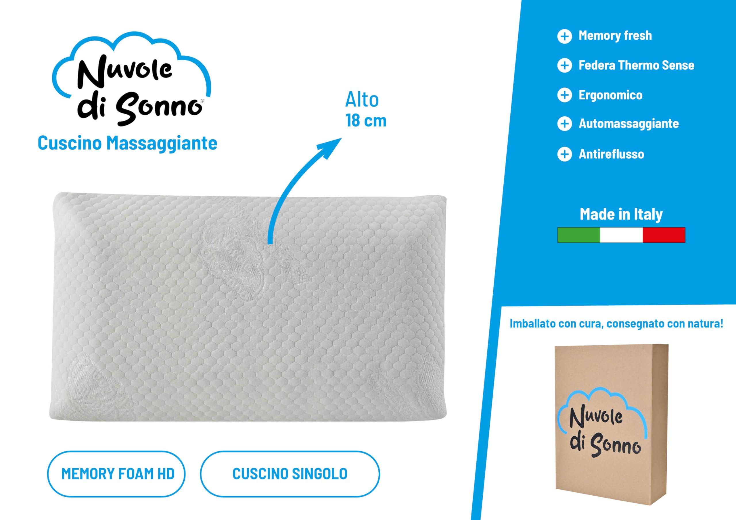 Nuvole di Sonno Kaysa Cuscino Massaggiante Memory Foam HD 18cm Antireflusso | Guanciale Semi-Rigido Traspirante, Rivestimento Lavabile, Ergonomico, Correttore per Collo, Made in Italy