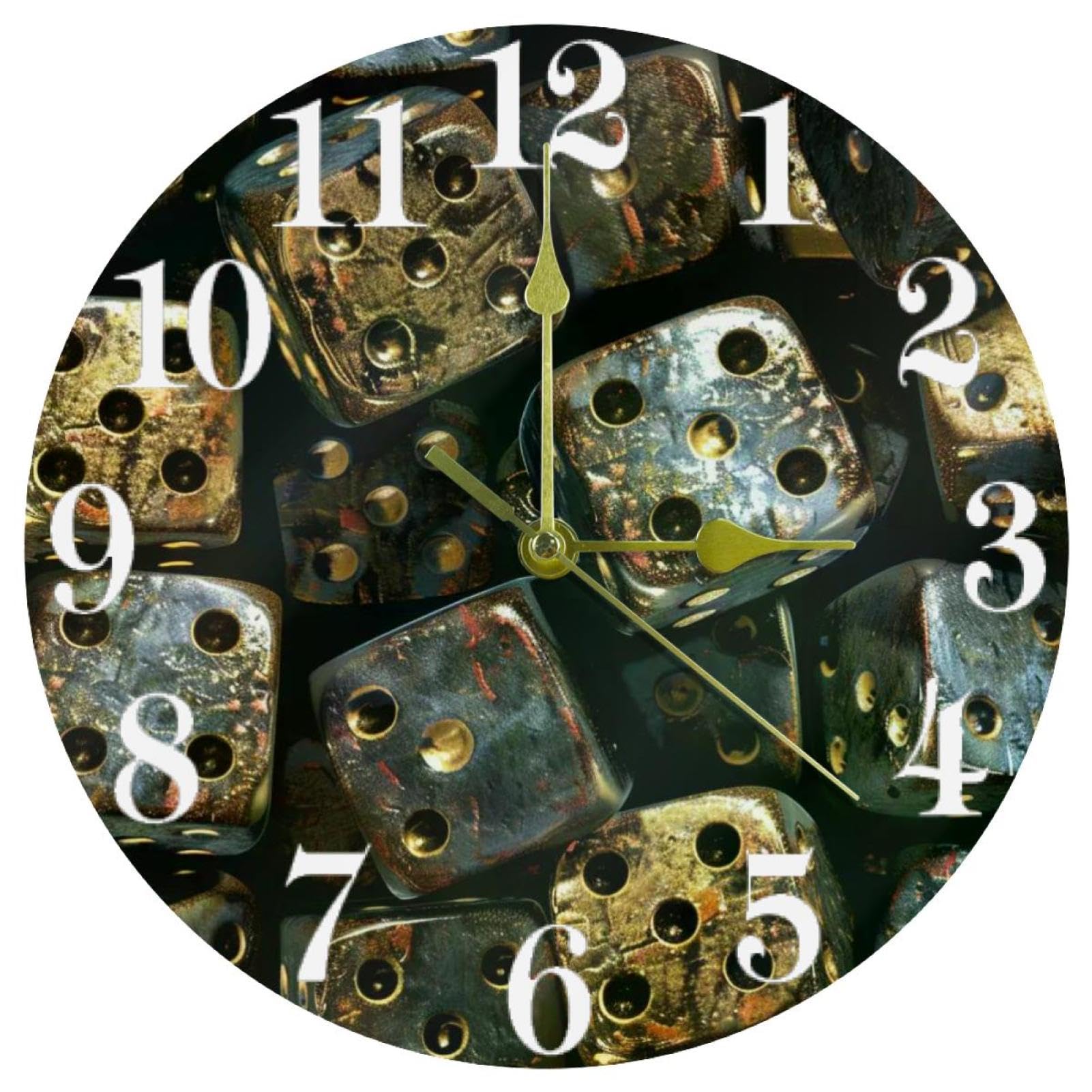 Horloge murale silencieuse à quartz ronde avec cadran thématique de dés de casino